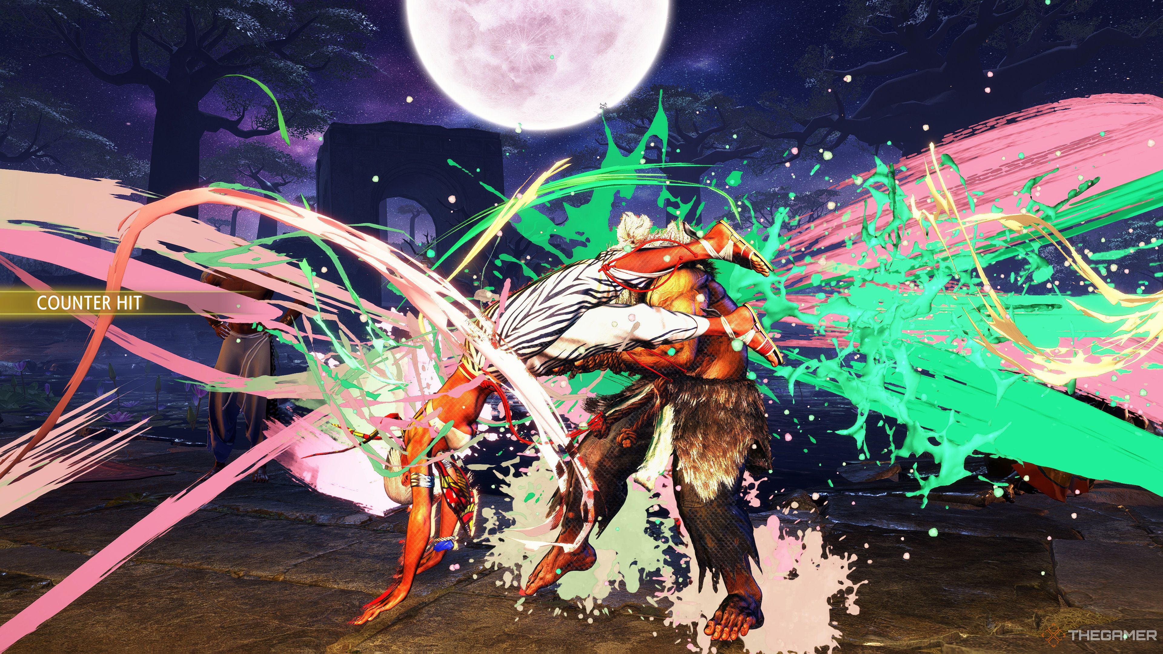 Elena landing a Drive Impact on Akuma for a massive Counter Hit in Street Fighter 6.