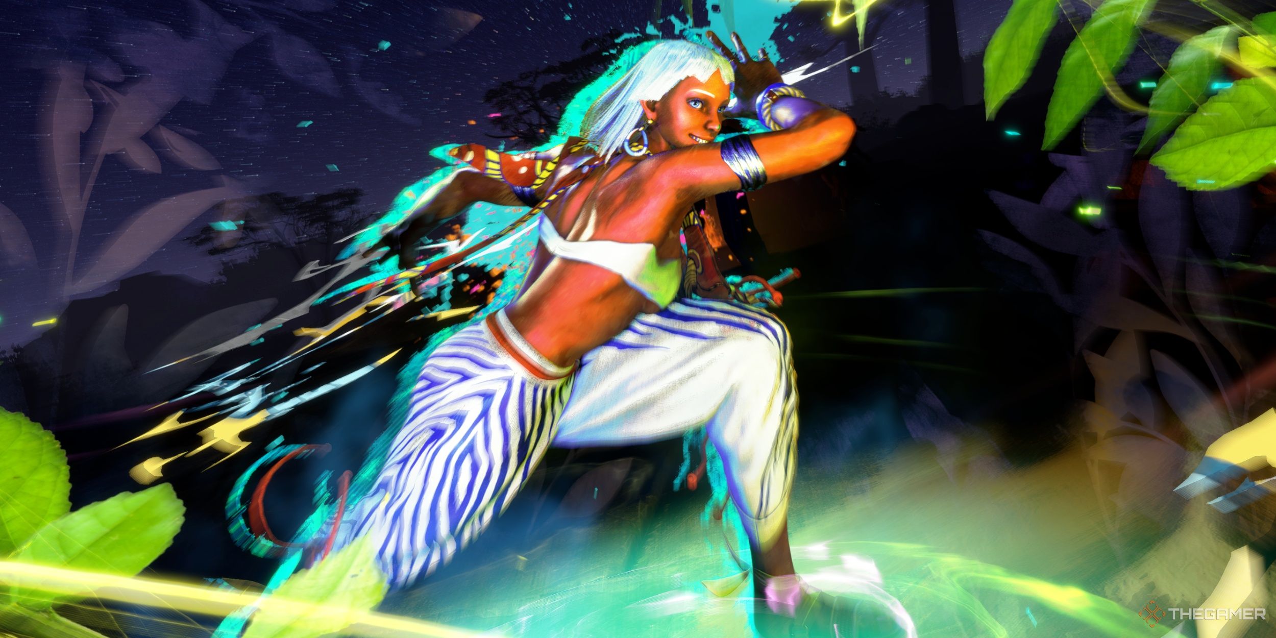 Elena executing her Song of the Grasslands, Level 3 Super Art, against Akuma in Street Fighter 6.
