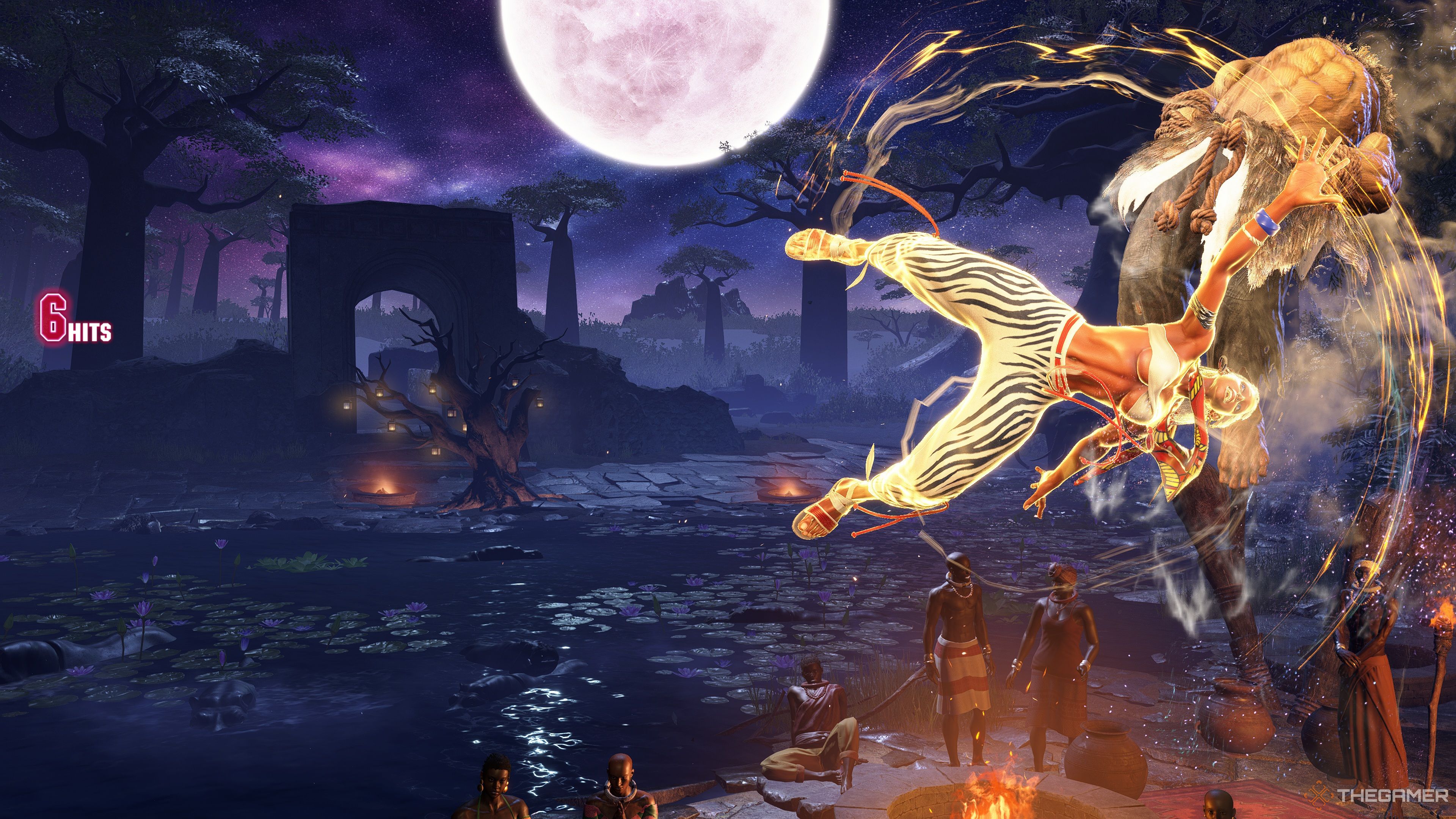 Elena capping off a short combo with an Overdrive Scratch Wheel on Akuma in the corner in Street Fighter 6.