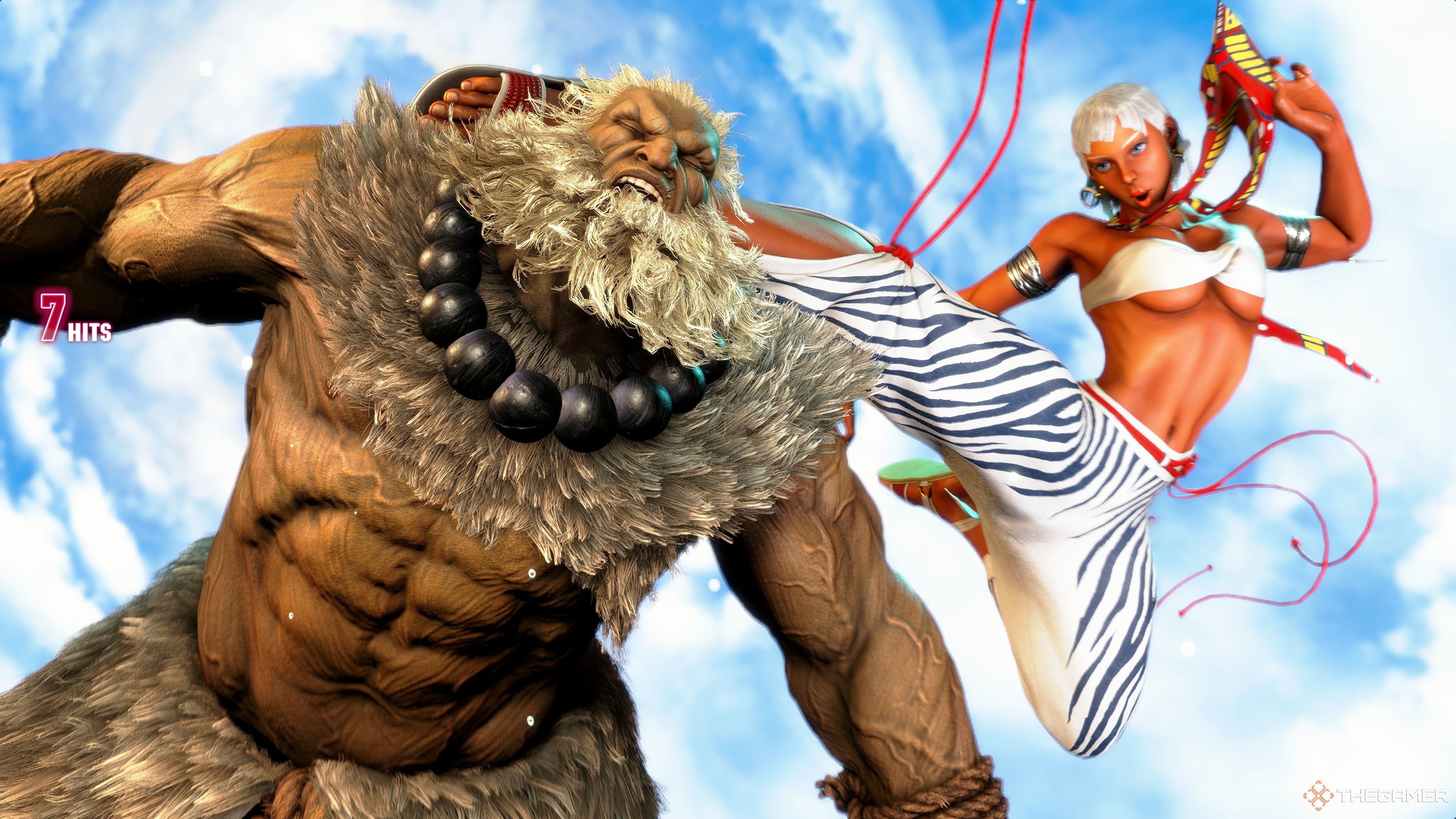 Elena ending her Song of the Grasslands, Level 3 Super Art, with a devastating kick to the back of Akuma's head in Street Fighter 6.