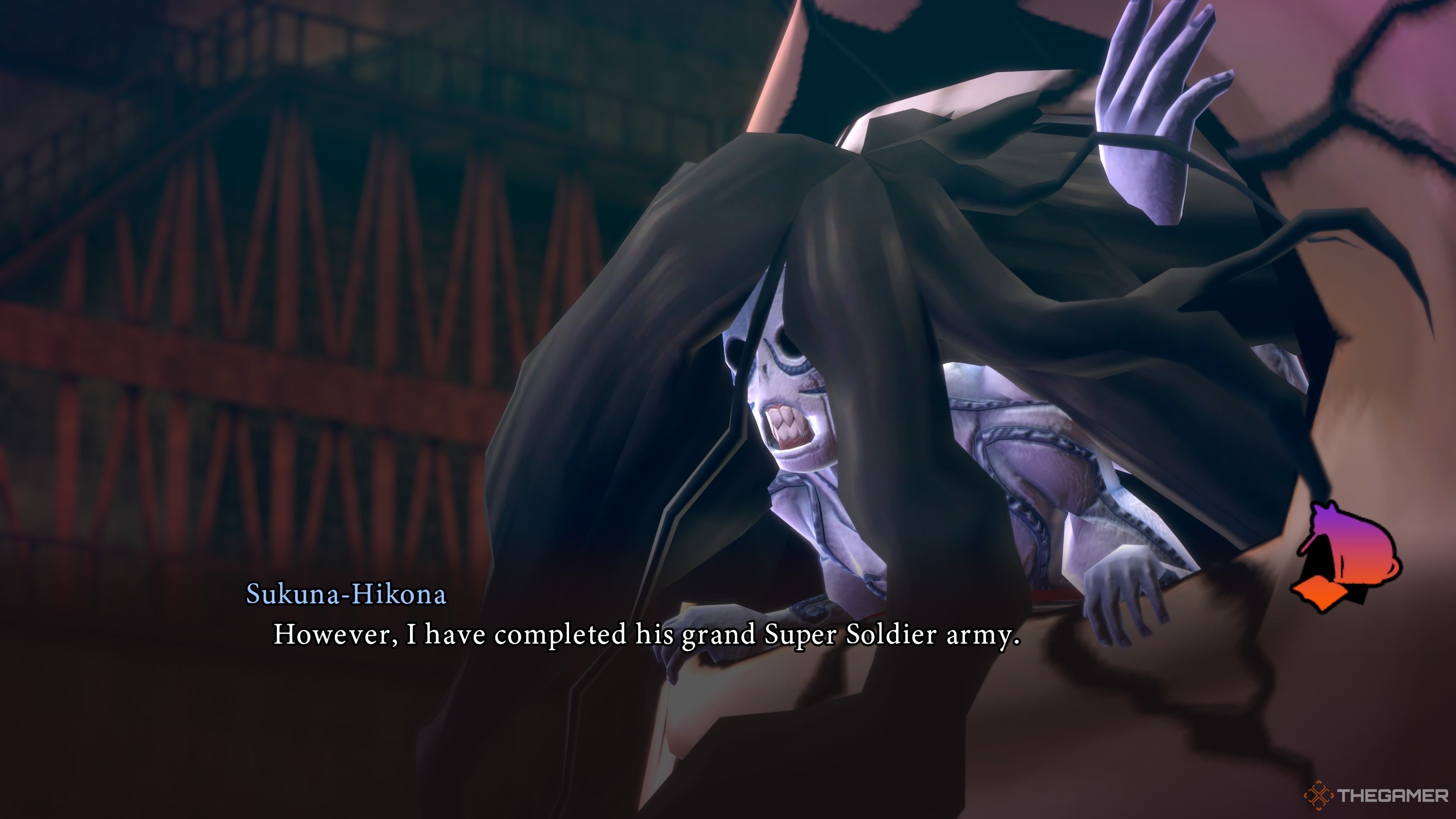 Sukuna-Hikona talking about the Super Soldier Army in Raidou Remastered The Mystery of the Soulless Army.