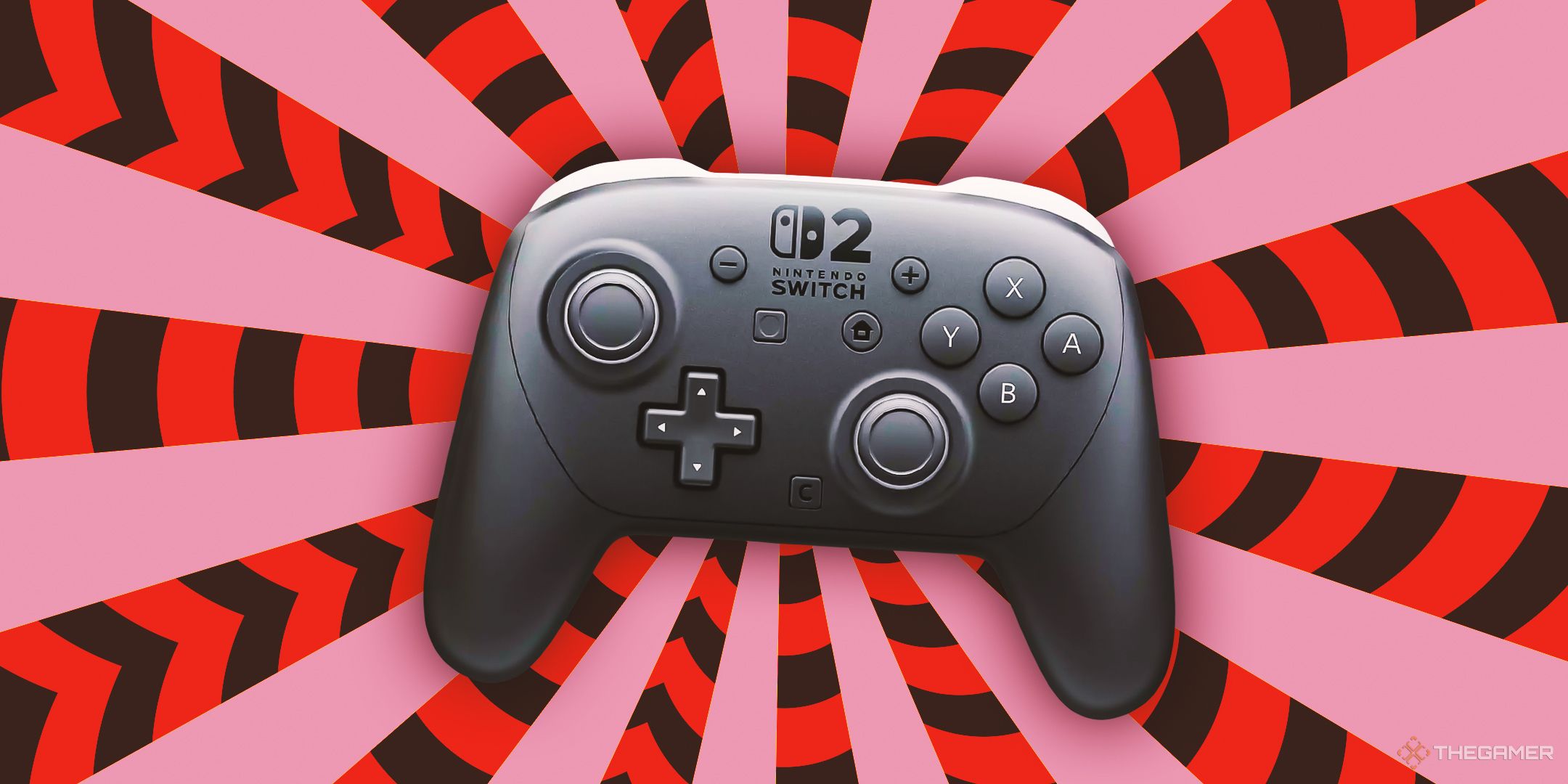 A Nintendo Switch 2 Pro Controller in front of a red, pink, and black background.