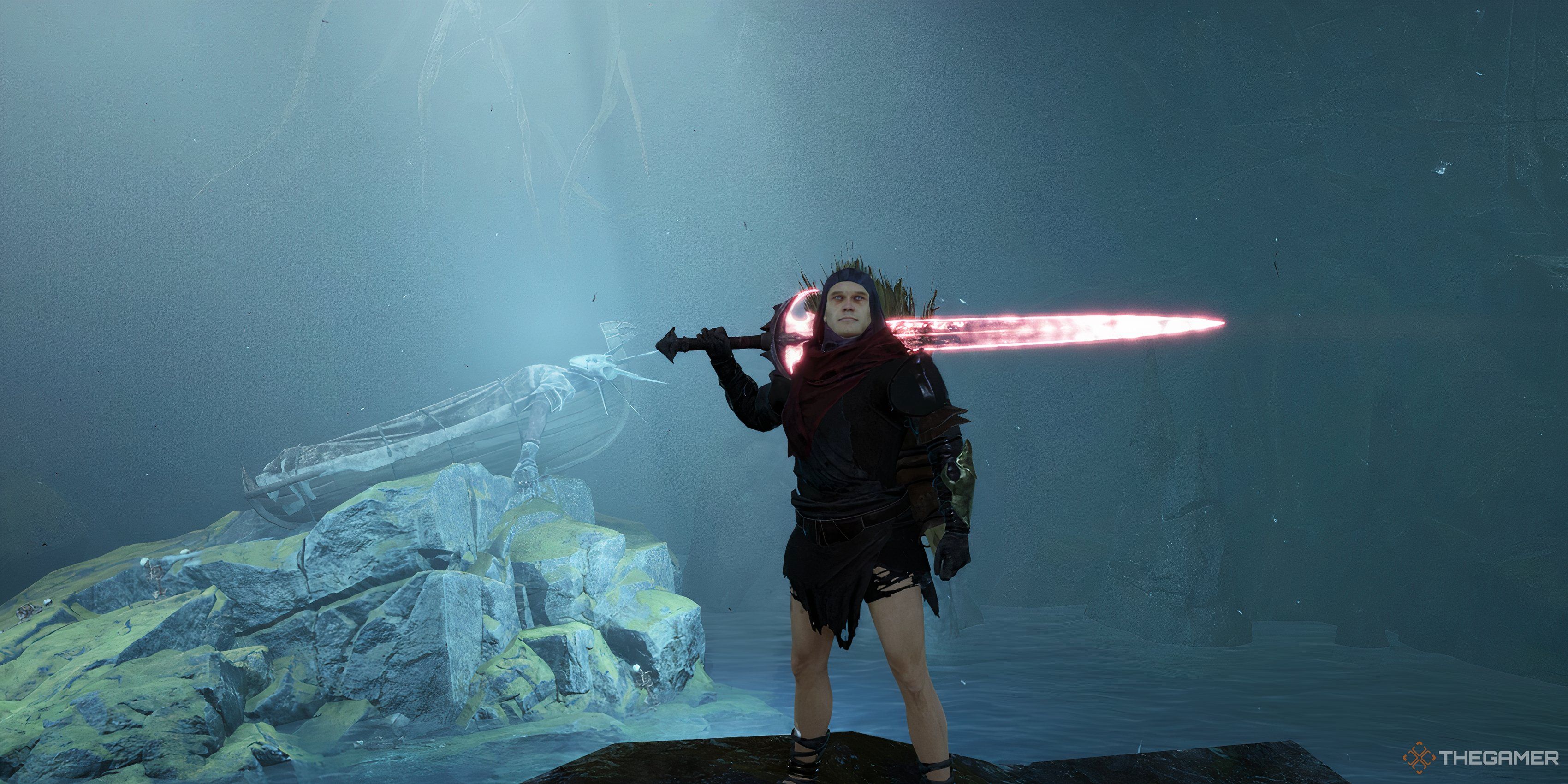 The main character stands in front of a  Fore-Dweller's in Tainted Grail: The Fall Of Avalon.