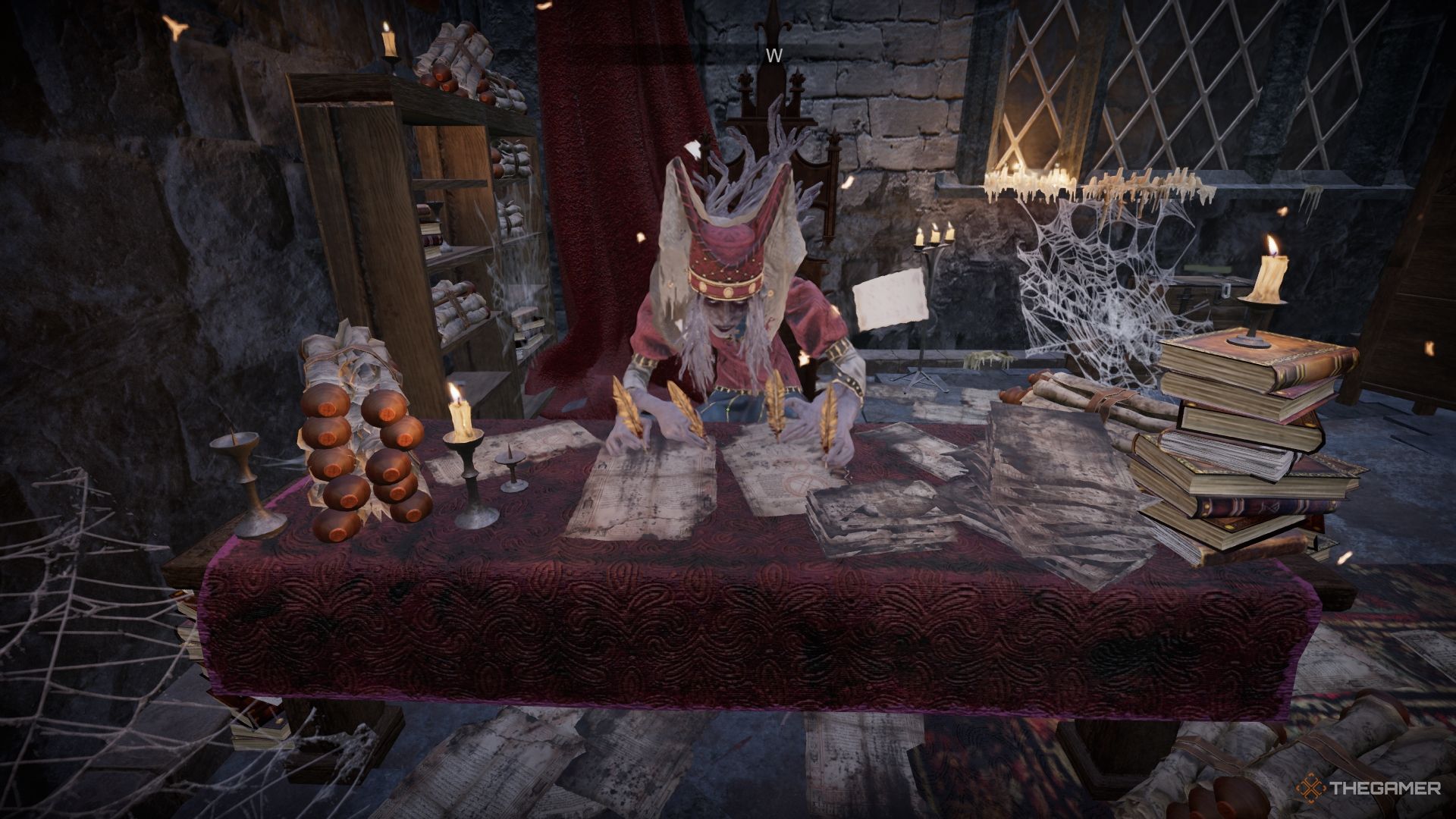 Tainted Grail Fall of Avalon Claire writing letters at her desk with all four hands.-1