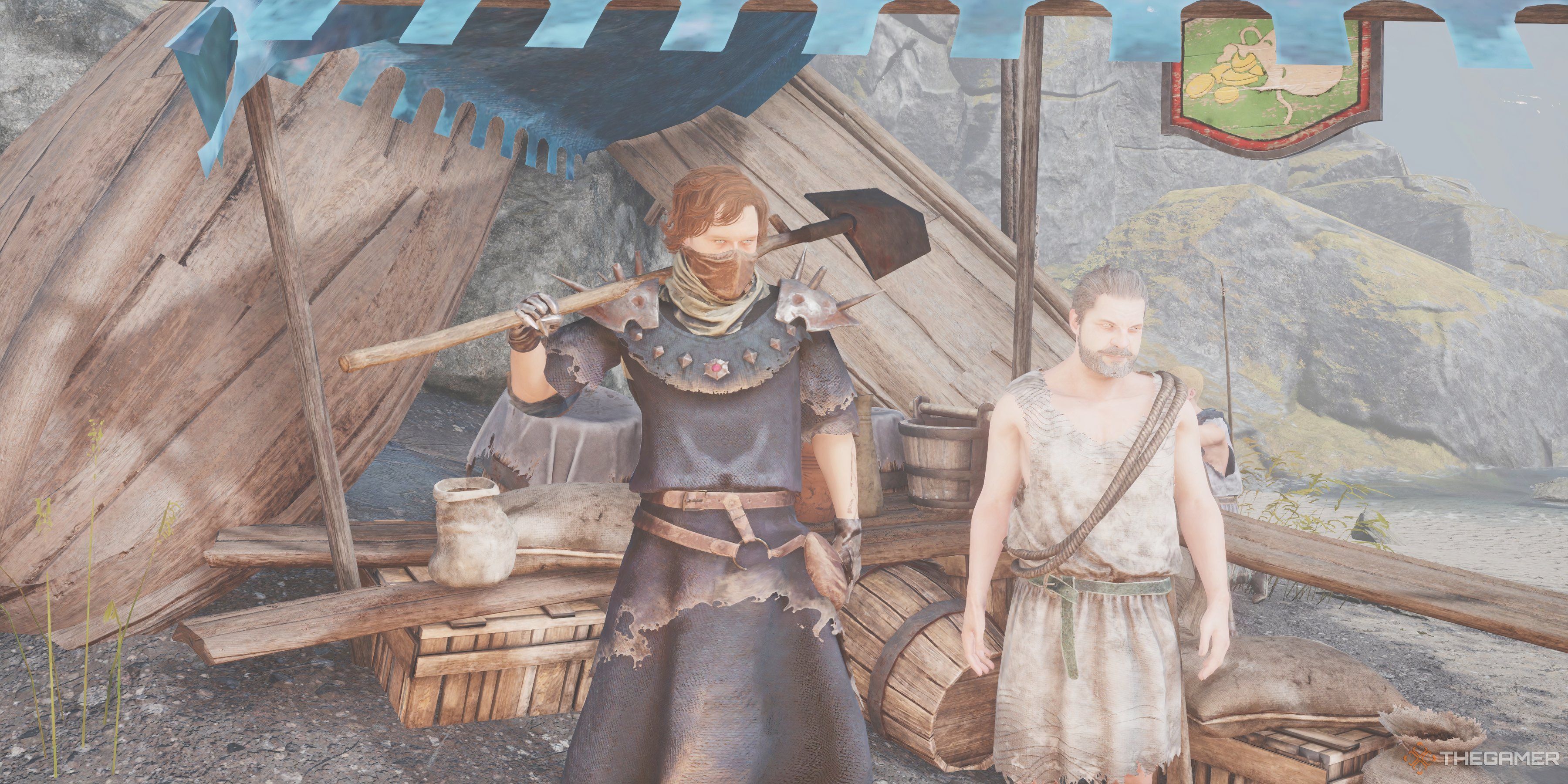 The main character holds a shovel over his shoulder next to Hefin Tainted Grail: The Fall Of Avalon.