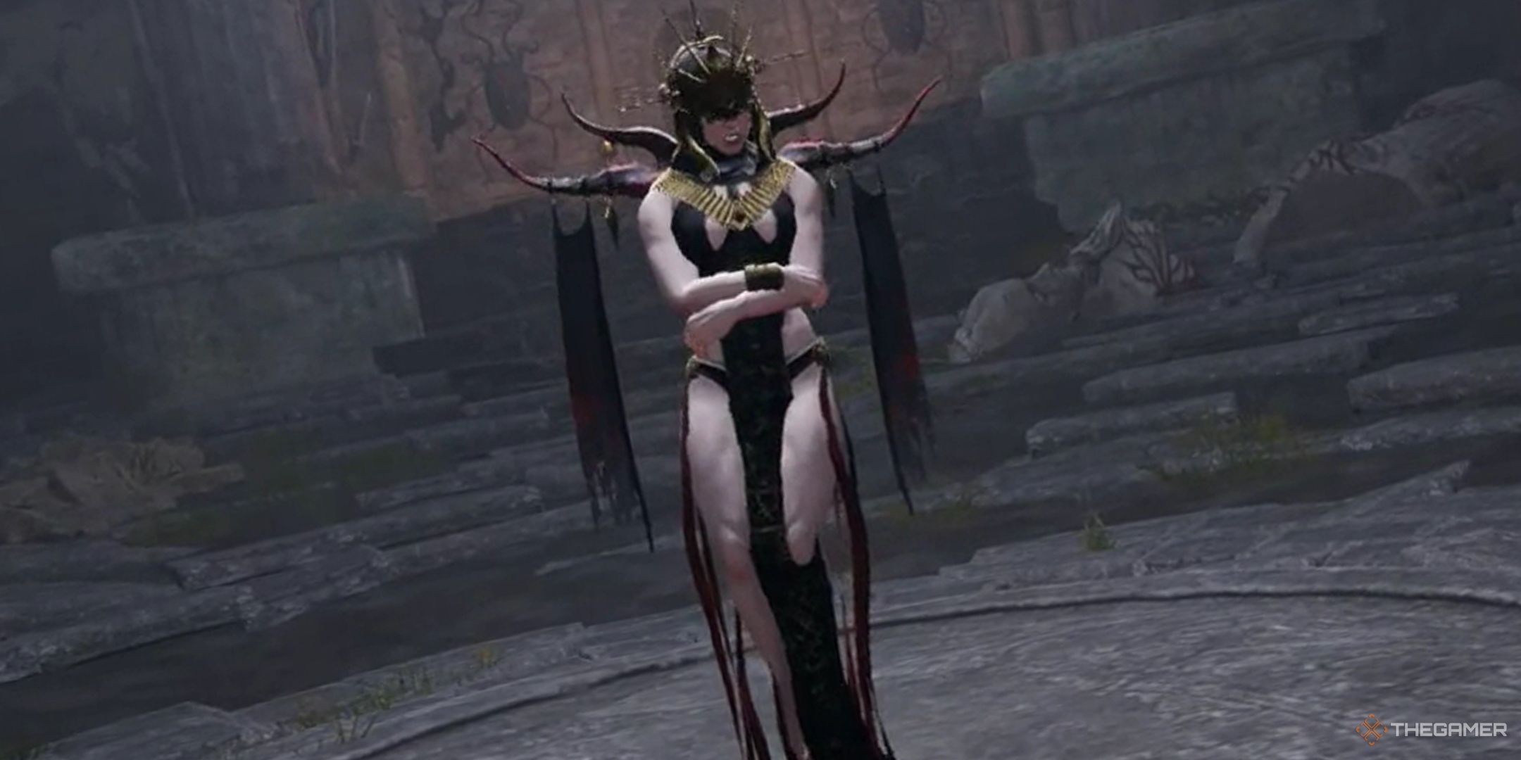 Frithir crossing her arms in the chapel area, dressed in all black with horns.