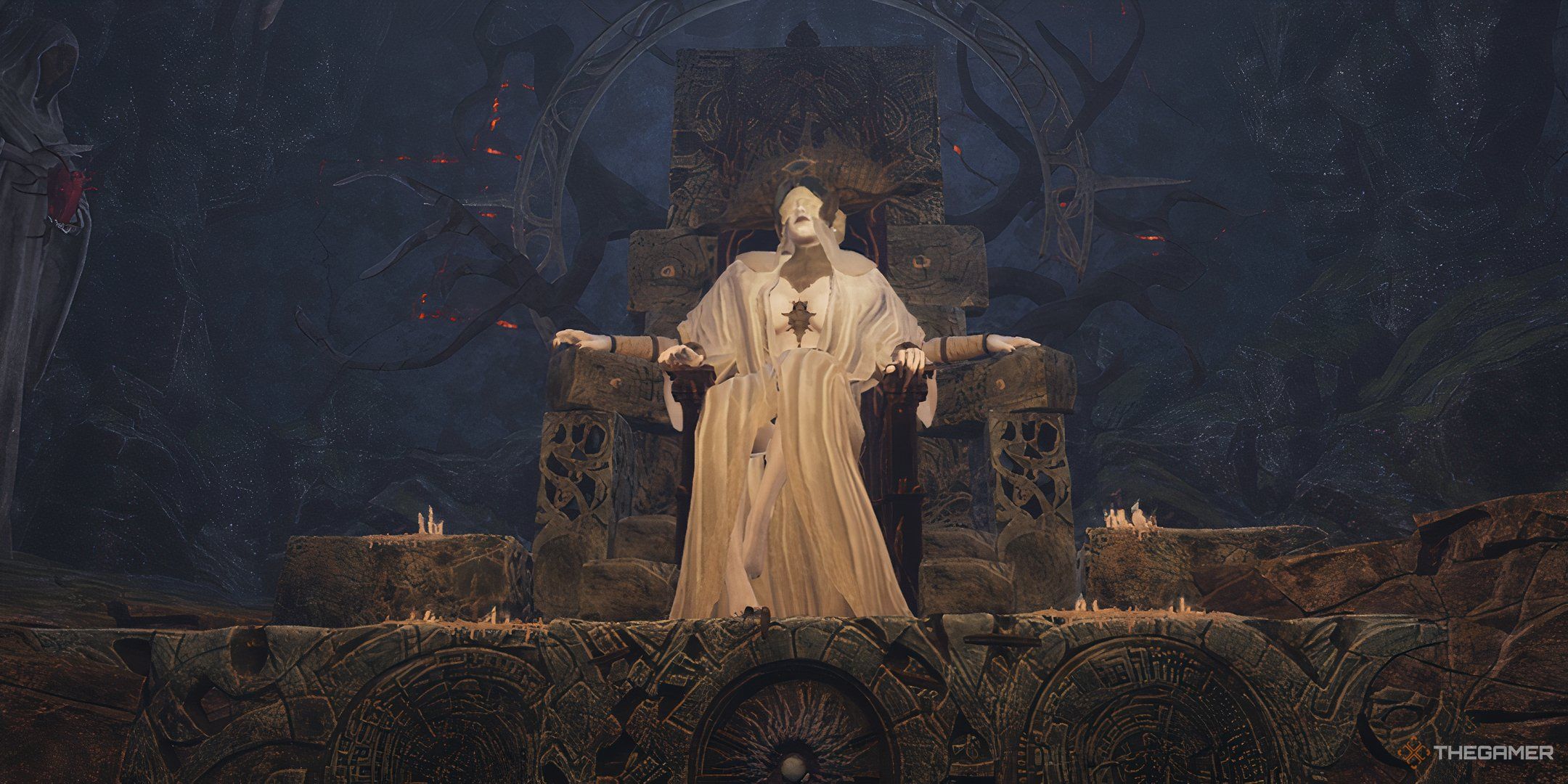 The fore-dweller goddess sitting on a massive throne.