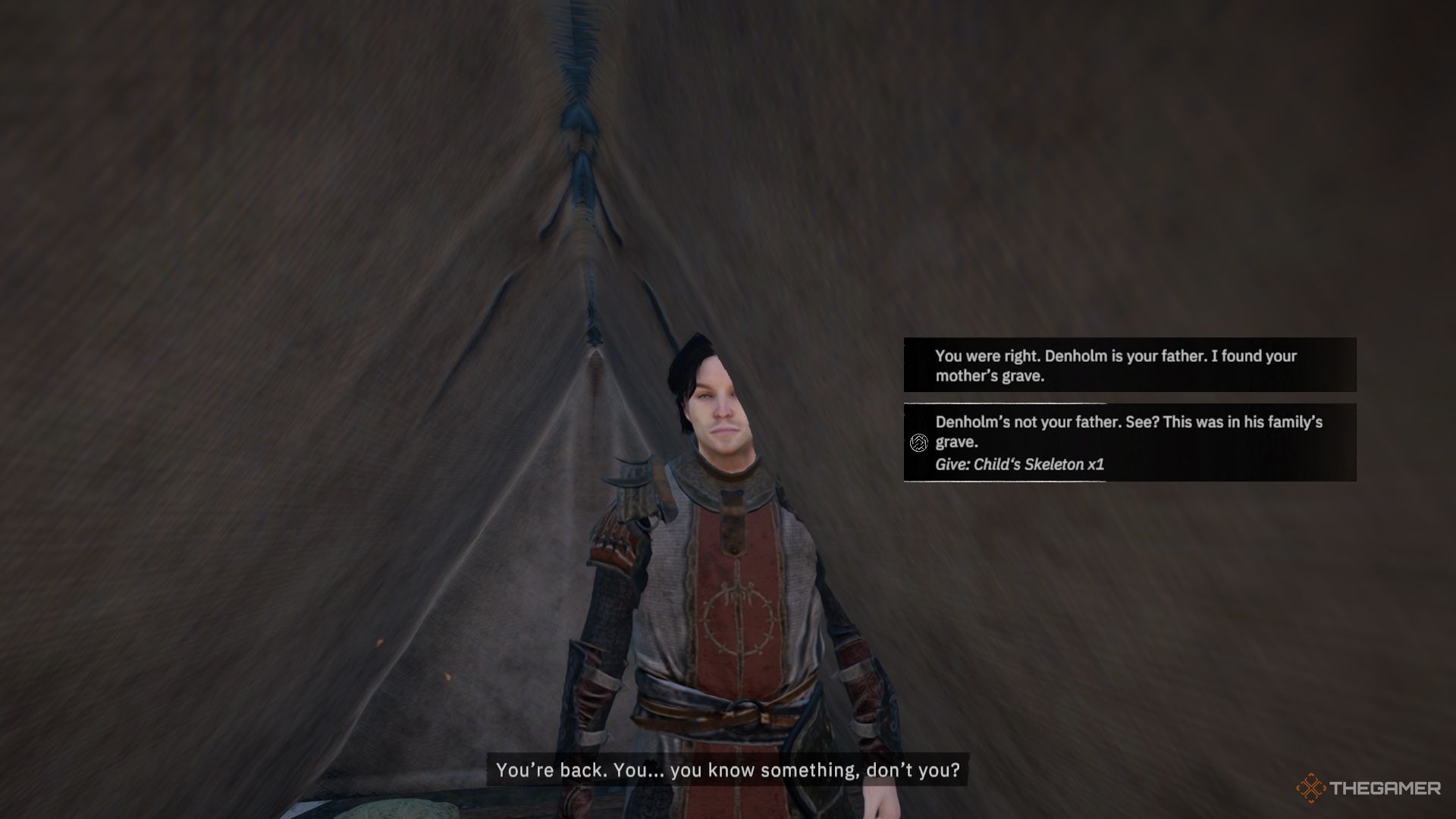The option to lie or tell Vin the truth in his tent.