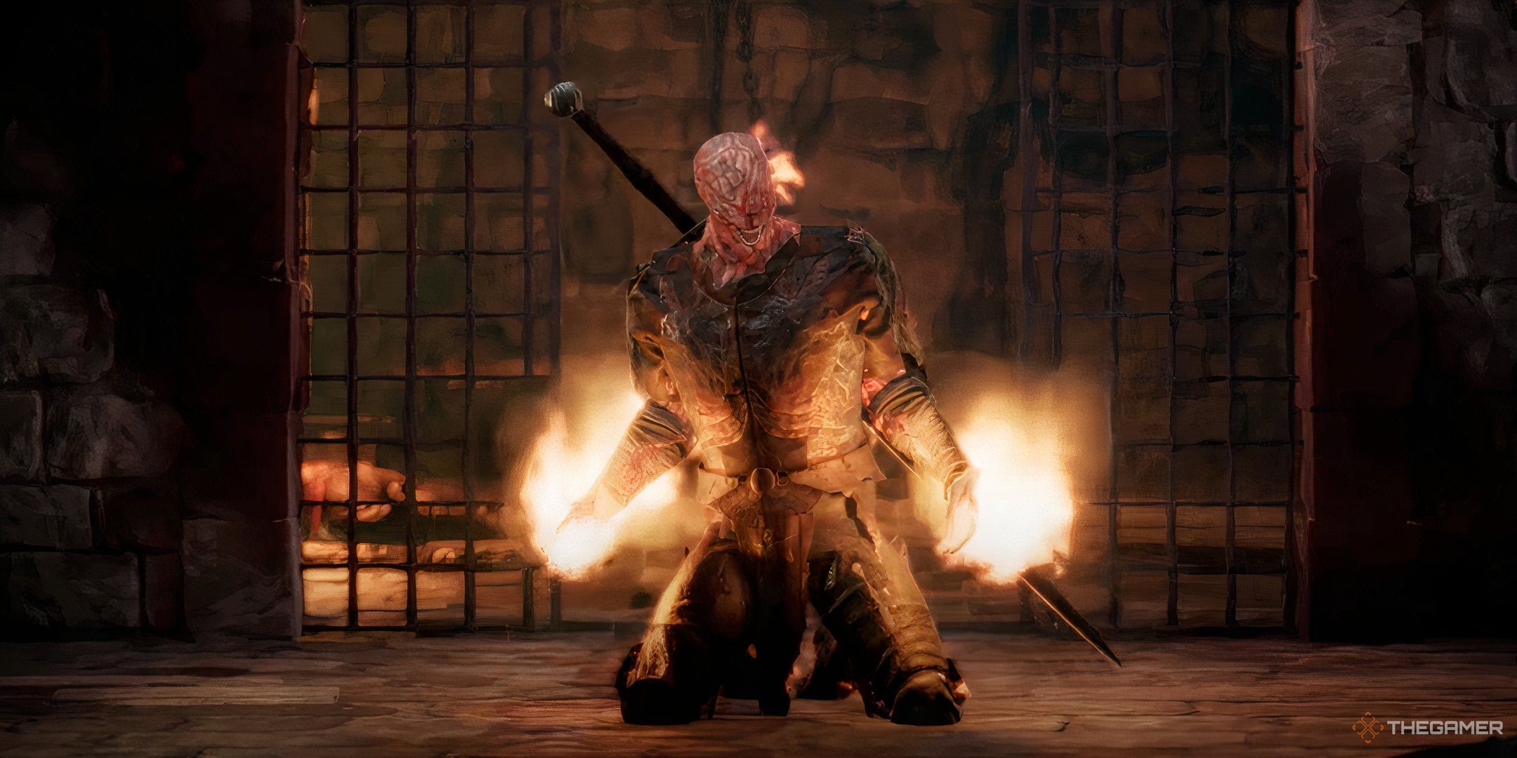 The Wailing Efigy on fire on his knees.