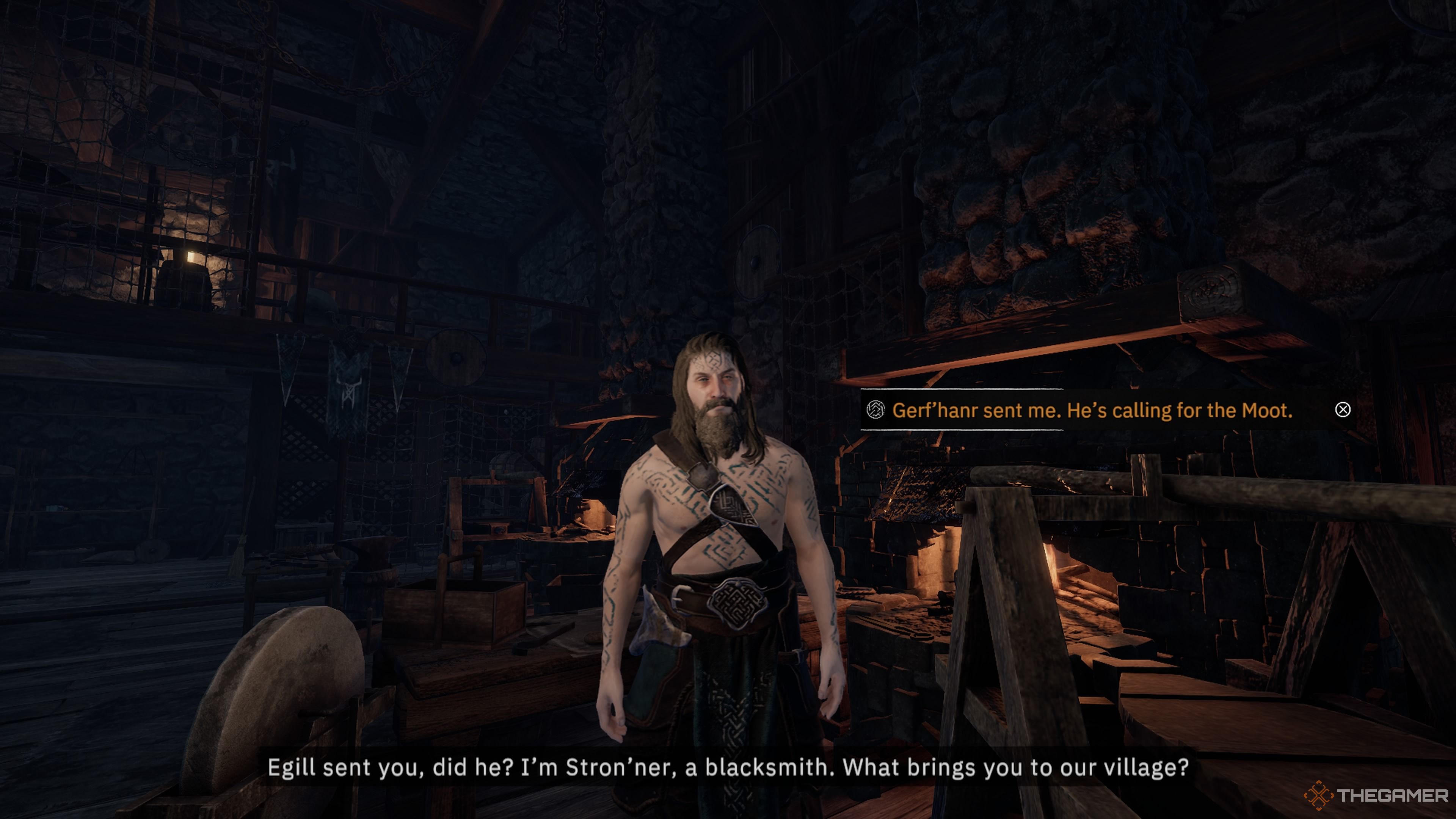 Player character speaking to Stron'ner, an Ulfr tribe Blacksmith, about a potential Moot in Tainted Grail: The Fall Of Avalon.