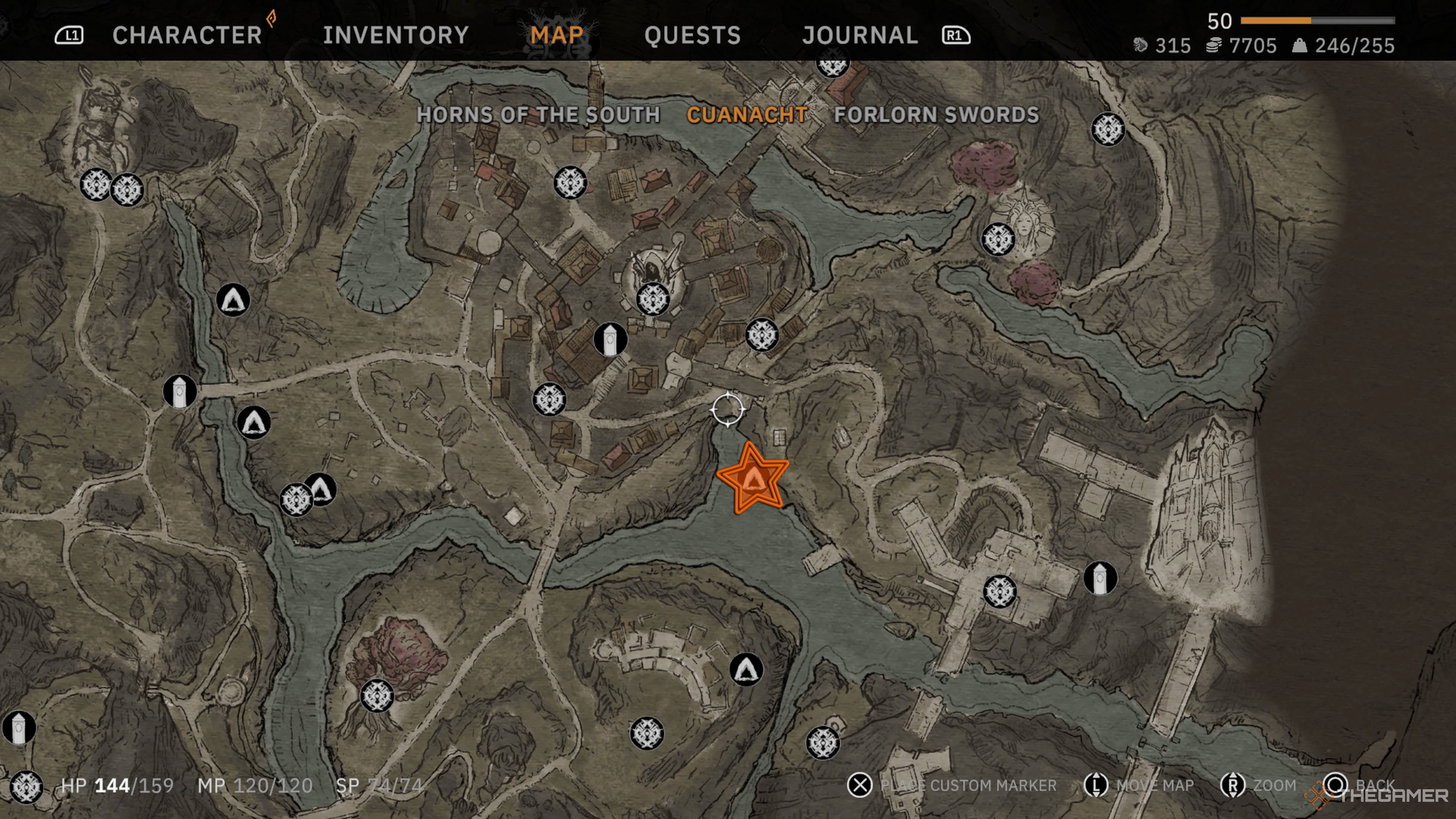 Map of Cuanacht with an orange star edited onto where the Crystal Cave is located in Tainted Grail: The Fall Of Avalon.
