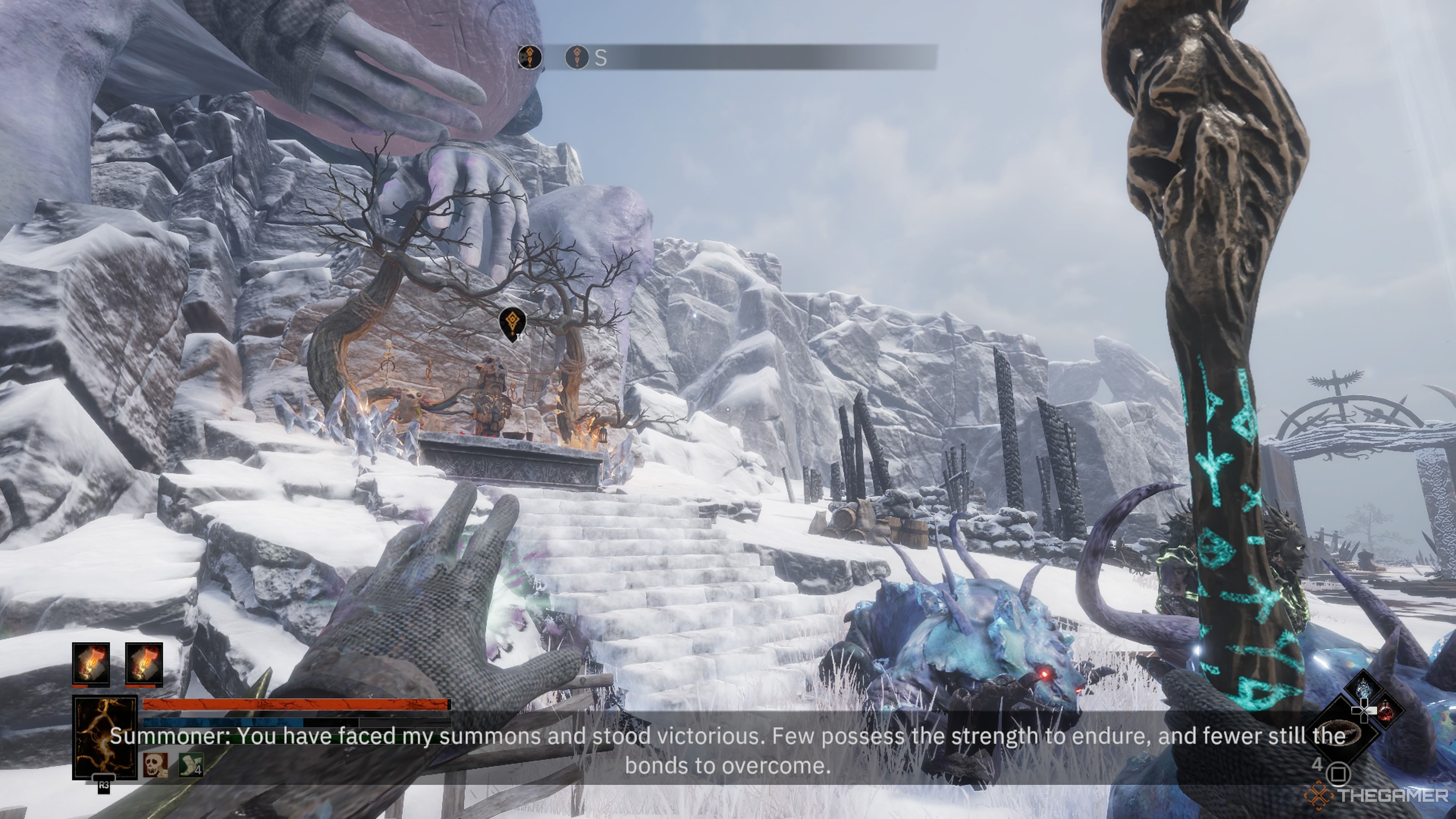 Player character receiving a giant's blessing after completing a trial from them in Tainted Grail: The Fall Of Avalon.