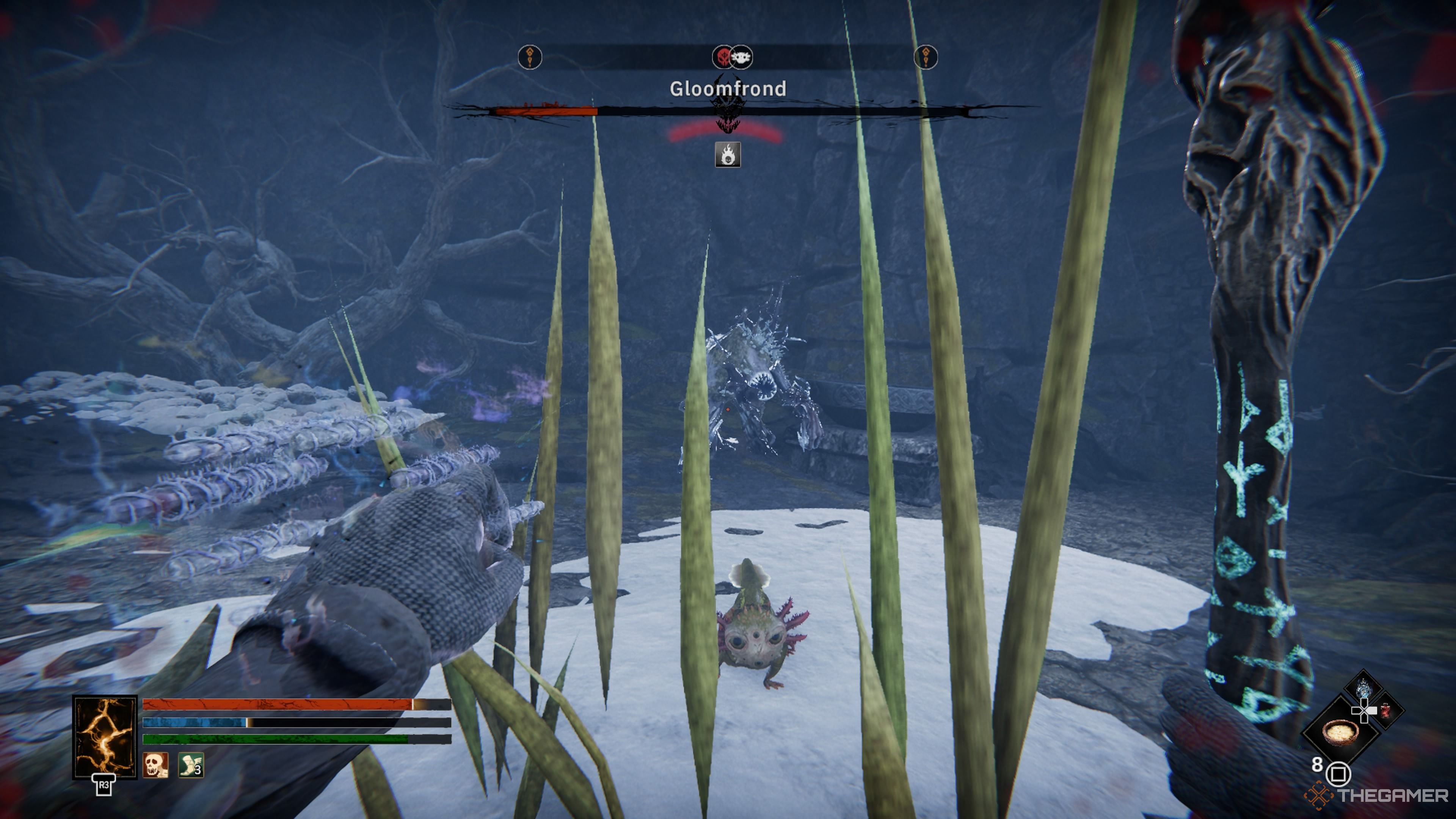 Player character fighting a Gloomfrond and being hit by its root attack in Tainted Grail: The Fall Of Avalon.