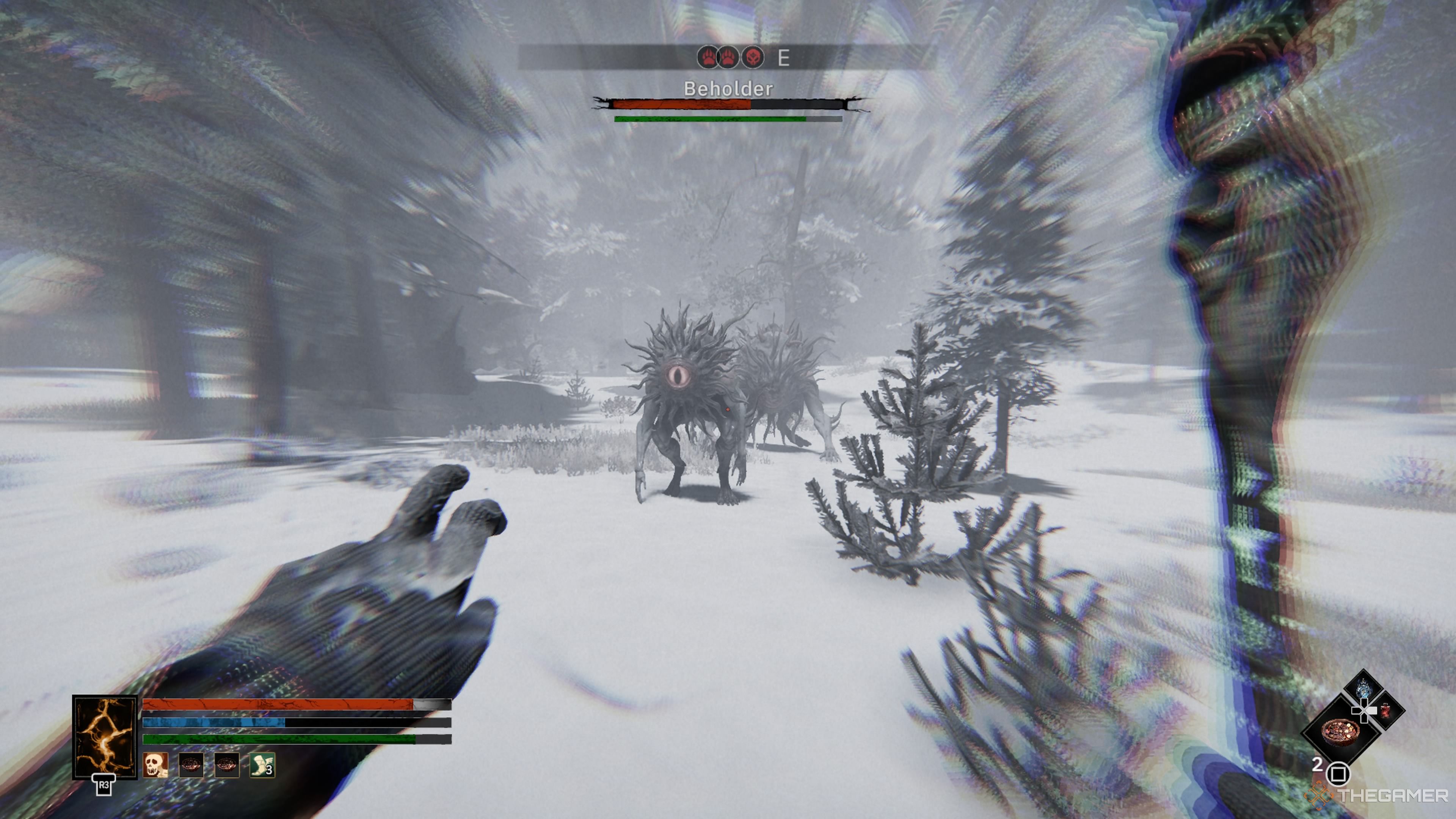 Player character charging up Merlin's Thorns spell against a Beholder in a different realm in Tainted Grail: The Fall Of Avalon.