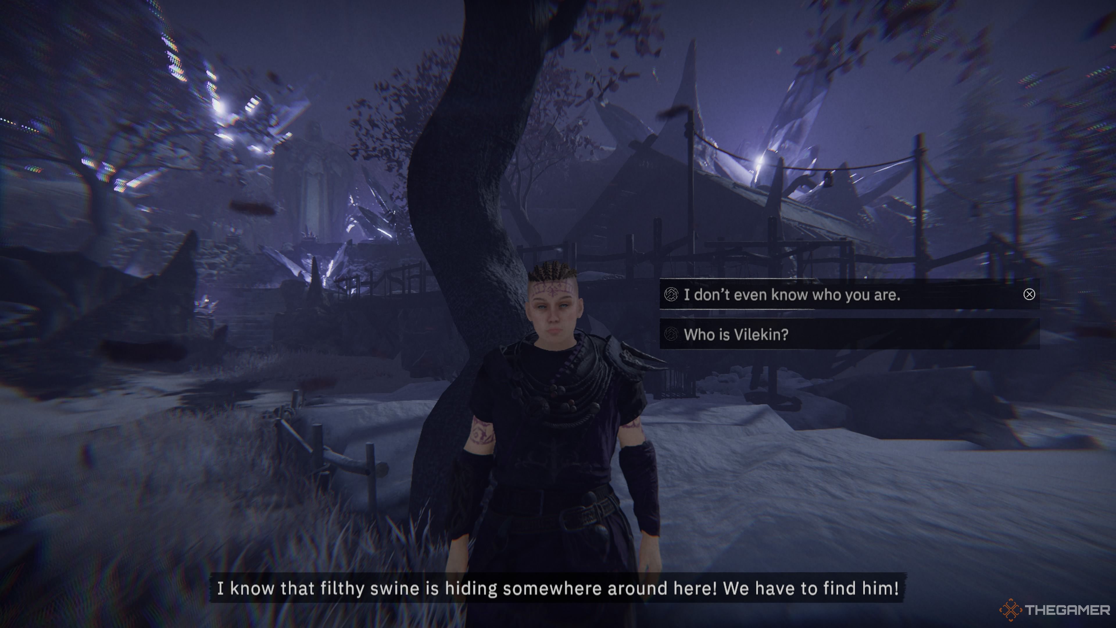 Player character speaking to a Theud woman named Alfhild about a cast-out in Tainted Grail: The Fall Of Avalon.