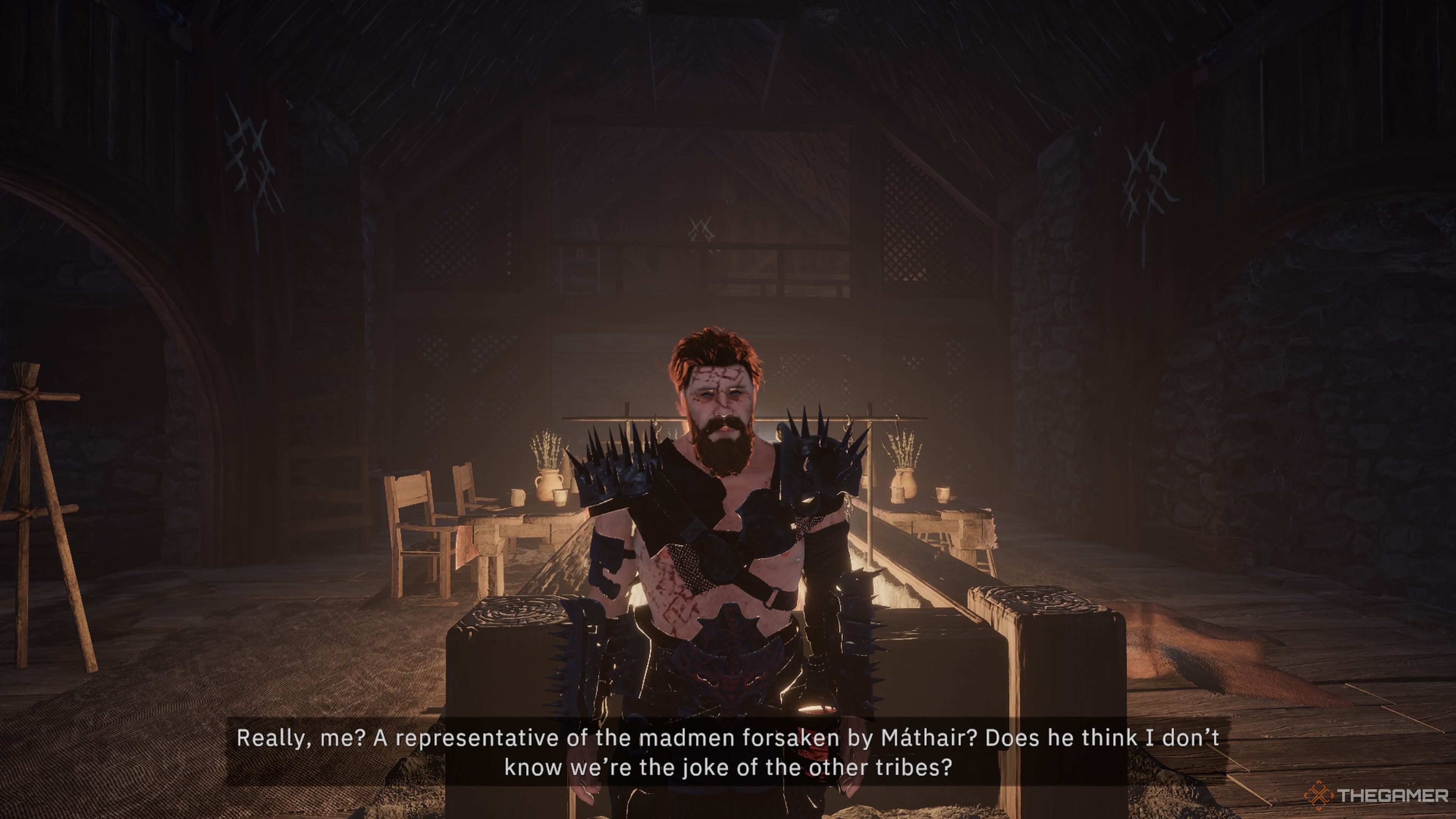 Player character speaking to and being questioned by Angsvar for asking about the Moot in Tainted Grail: The Fall Of Avalon.