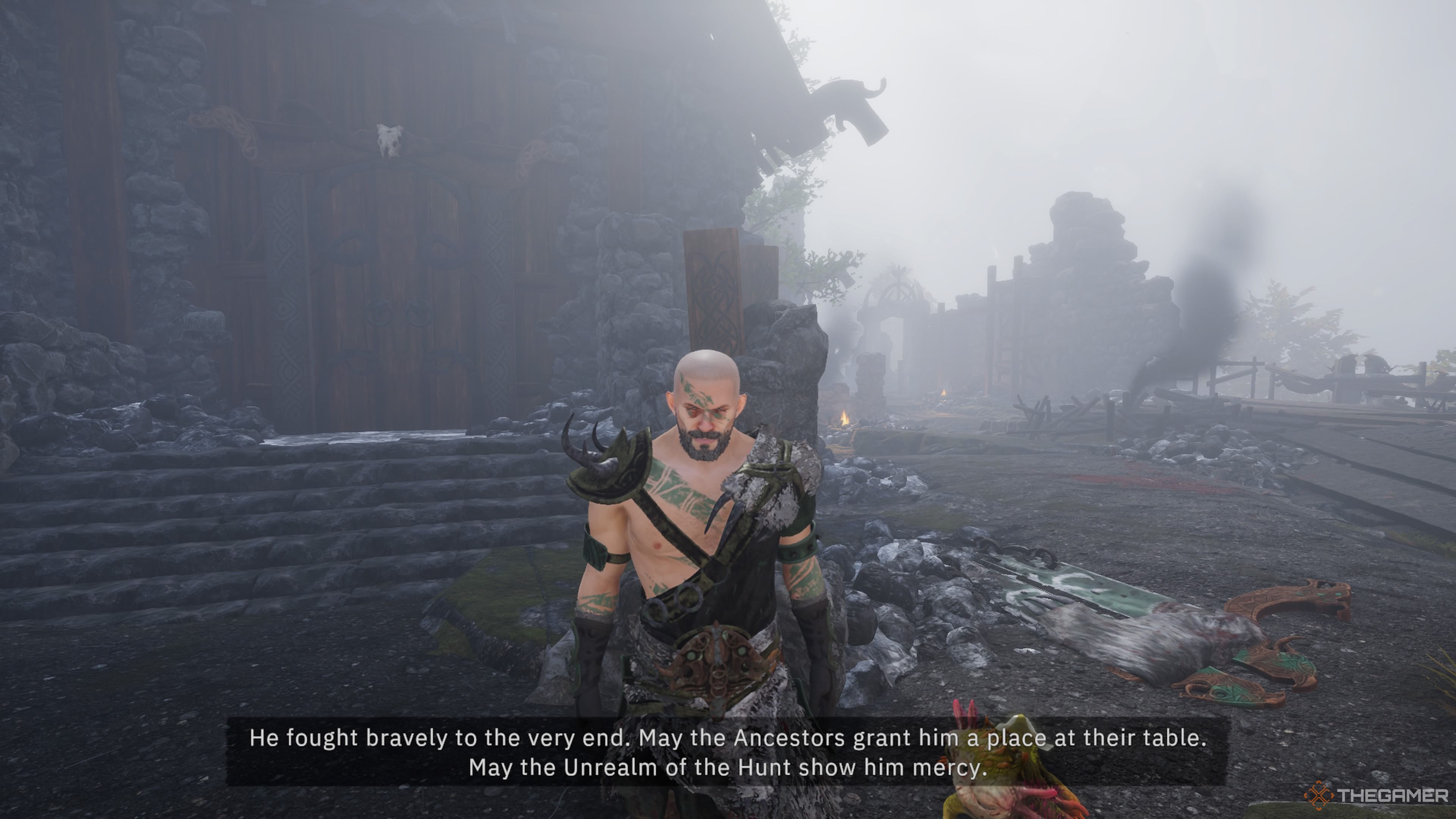 Player character listening to Batraam, the Sveinn Chieftain, talk about his deceased son in Tainted Grail: The Fall Of Avalon.