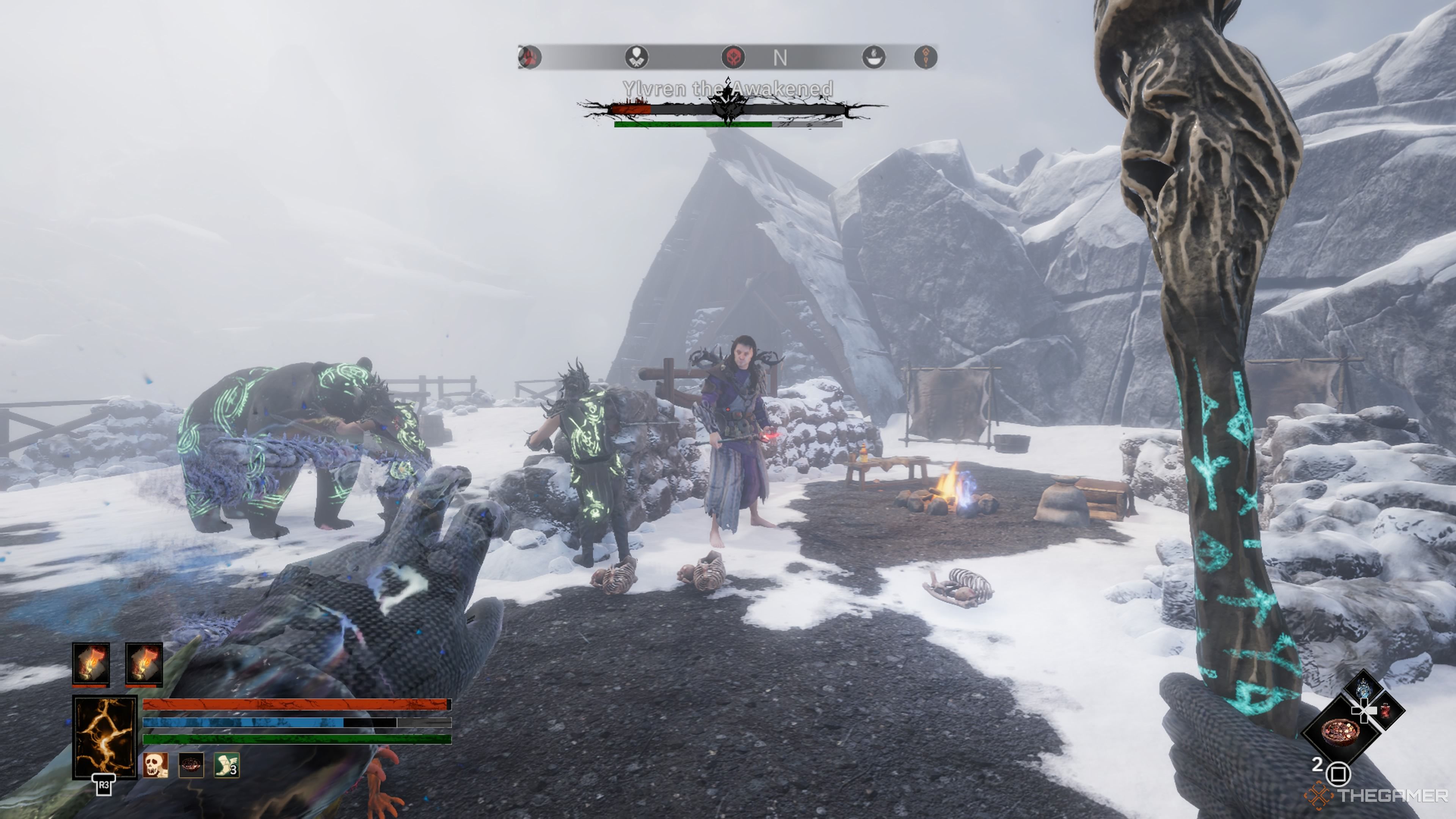 Player character using magic to fight a Dal Riata named Ylvren the Awakening in Tainted Grail: The Fall Of Avalon.