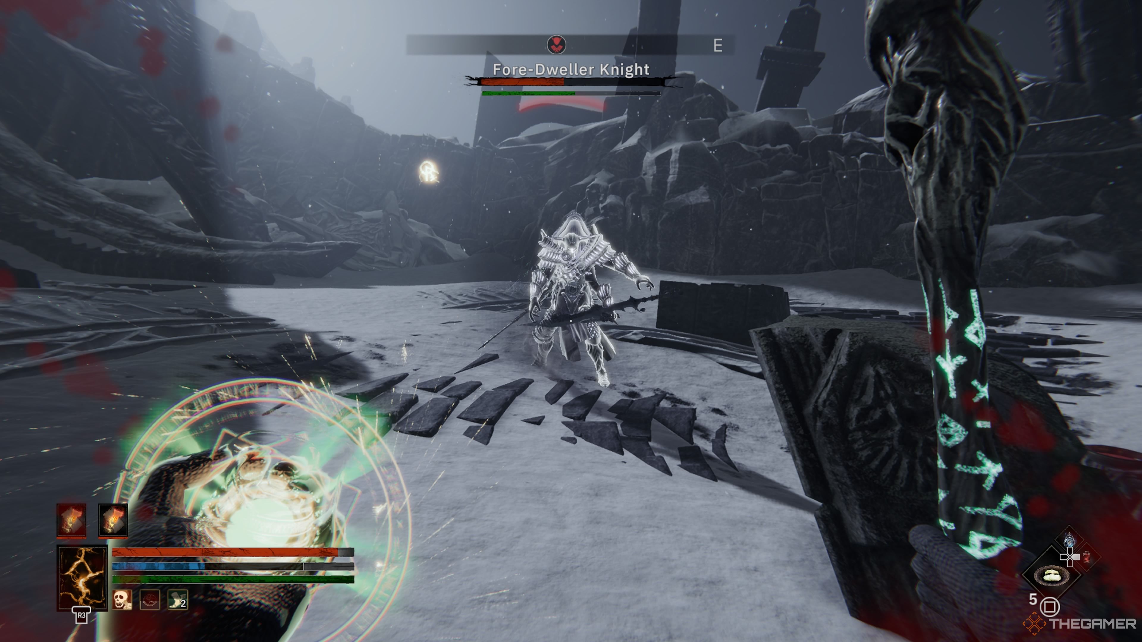 Player character charging up a spell while fighting a Fore-Dweller Knight in Tainted Grail: The Fall Of Avalon.