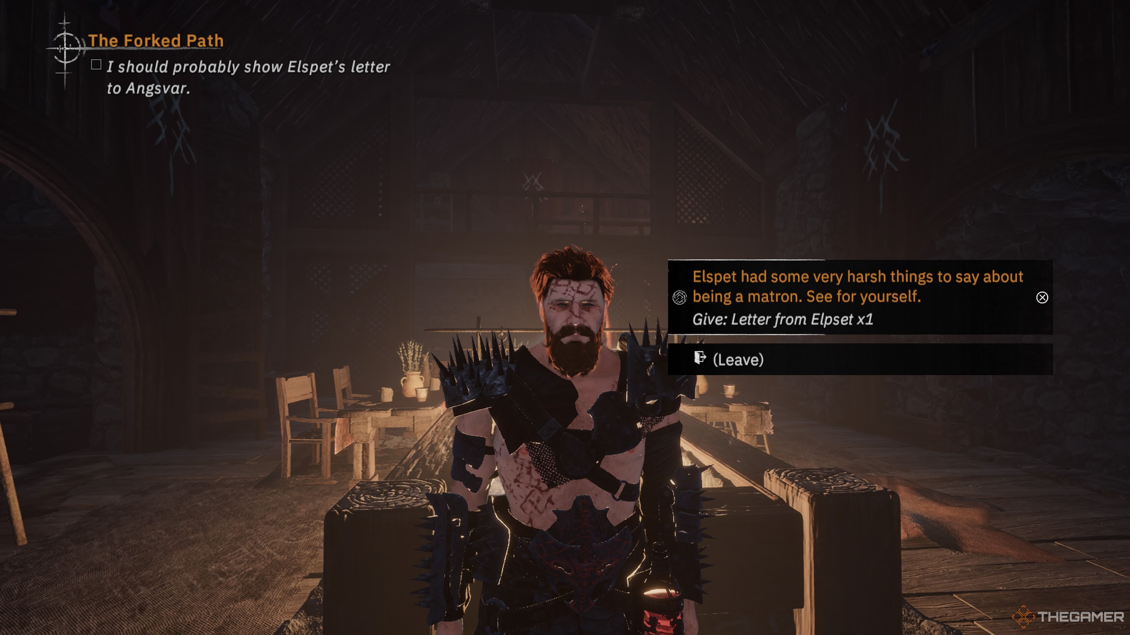 Player character delivering the letter from a woman named Elspet to Angsvar in his home in Tainted Grail: The Fall Of Avalon.