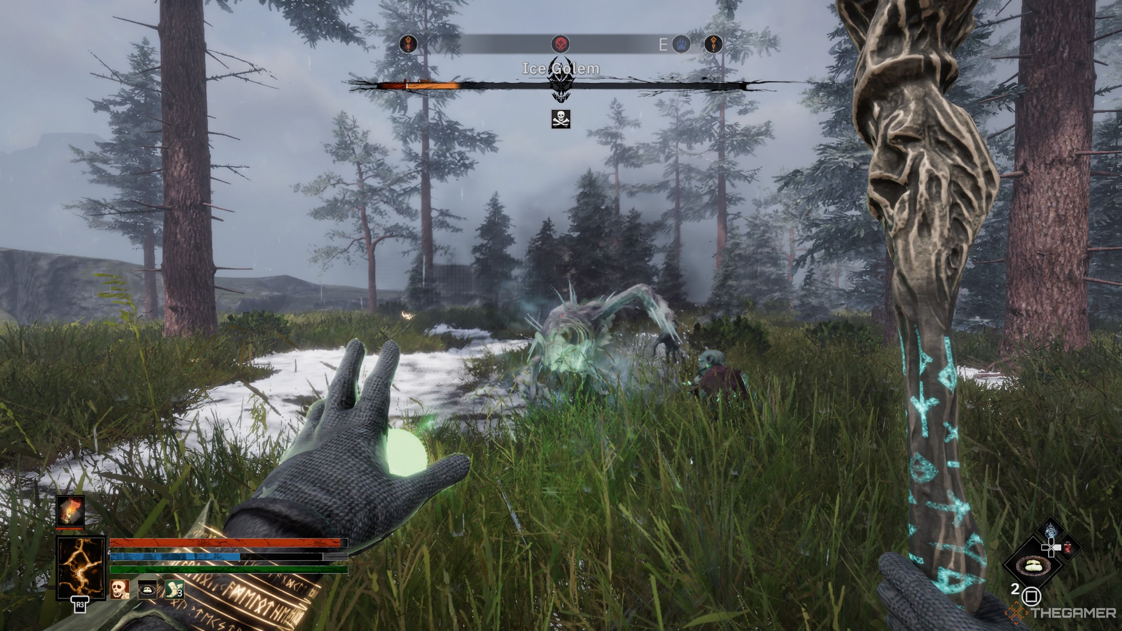 Player character fighting the Ice Golem near one of the Horned God's shrines in Tainted Grail: The Fall Of Avalon.