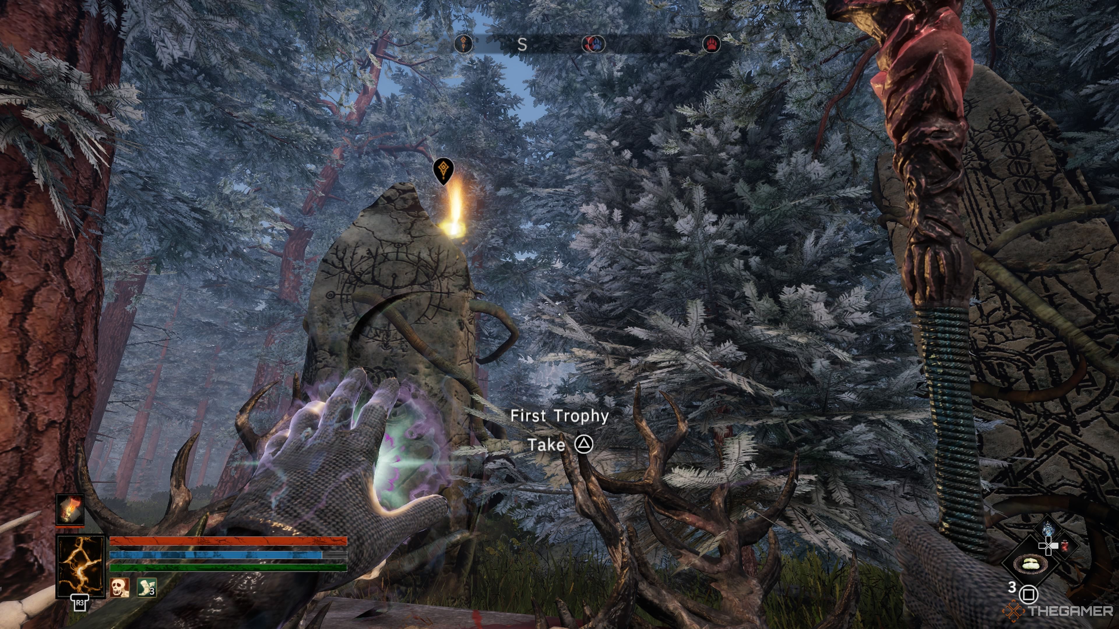 Player character picking up the First Trophy of the Hunt from the final shrine in Tainted Grail: The Fall Of Avalon.