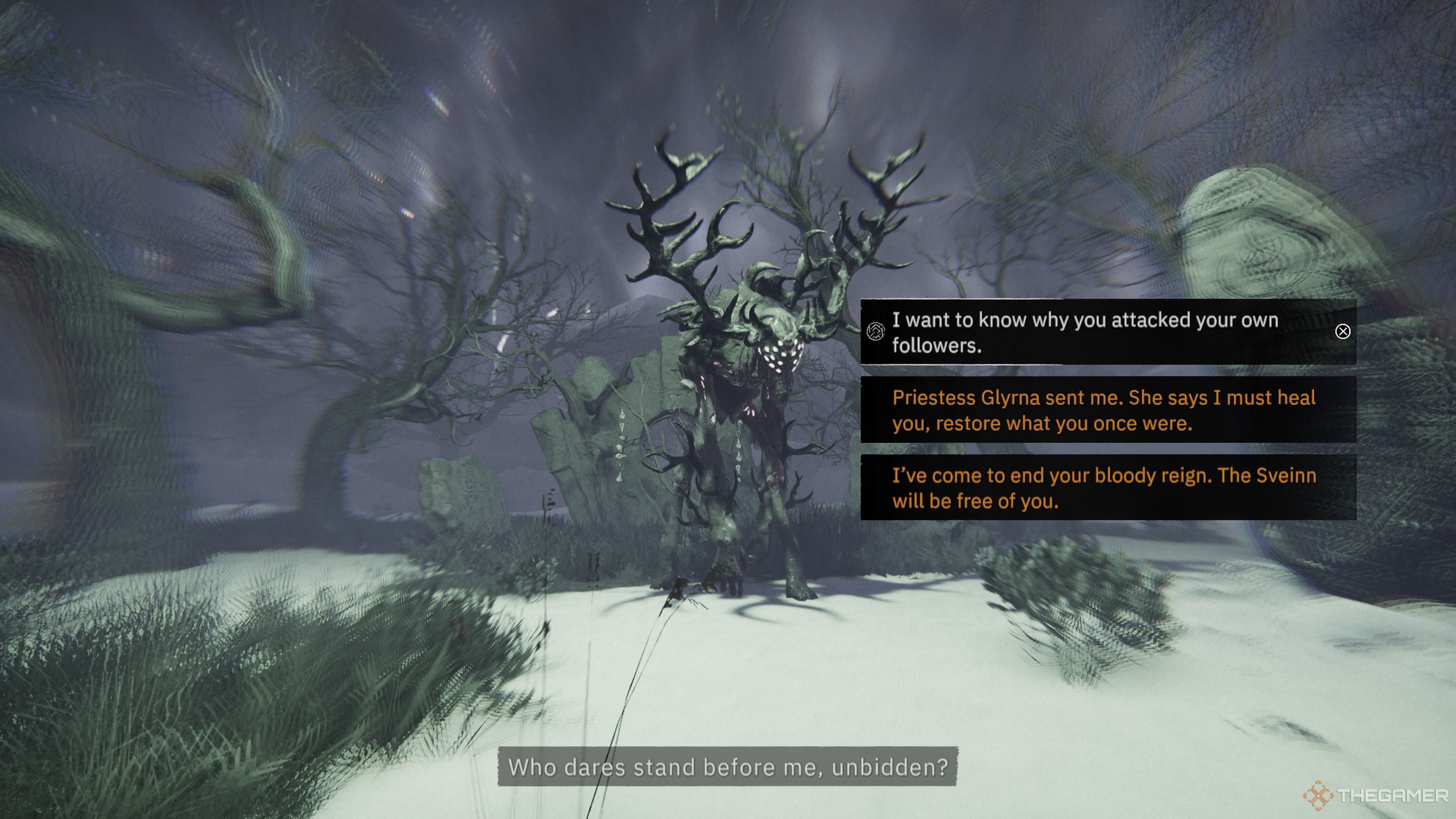 Player character facing down the Stagfather's Avatar and getting the decision to purify or kill them in Tainted Grail: The Fall Of Avalon.