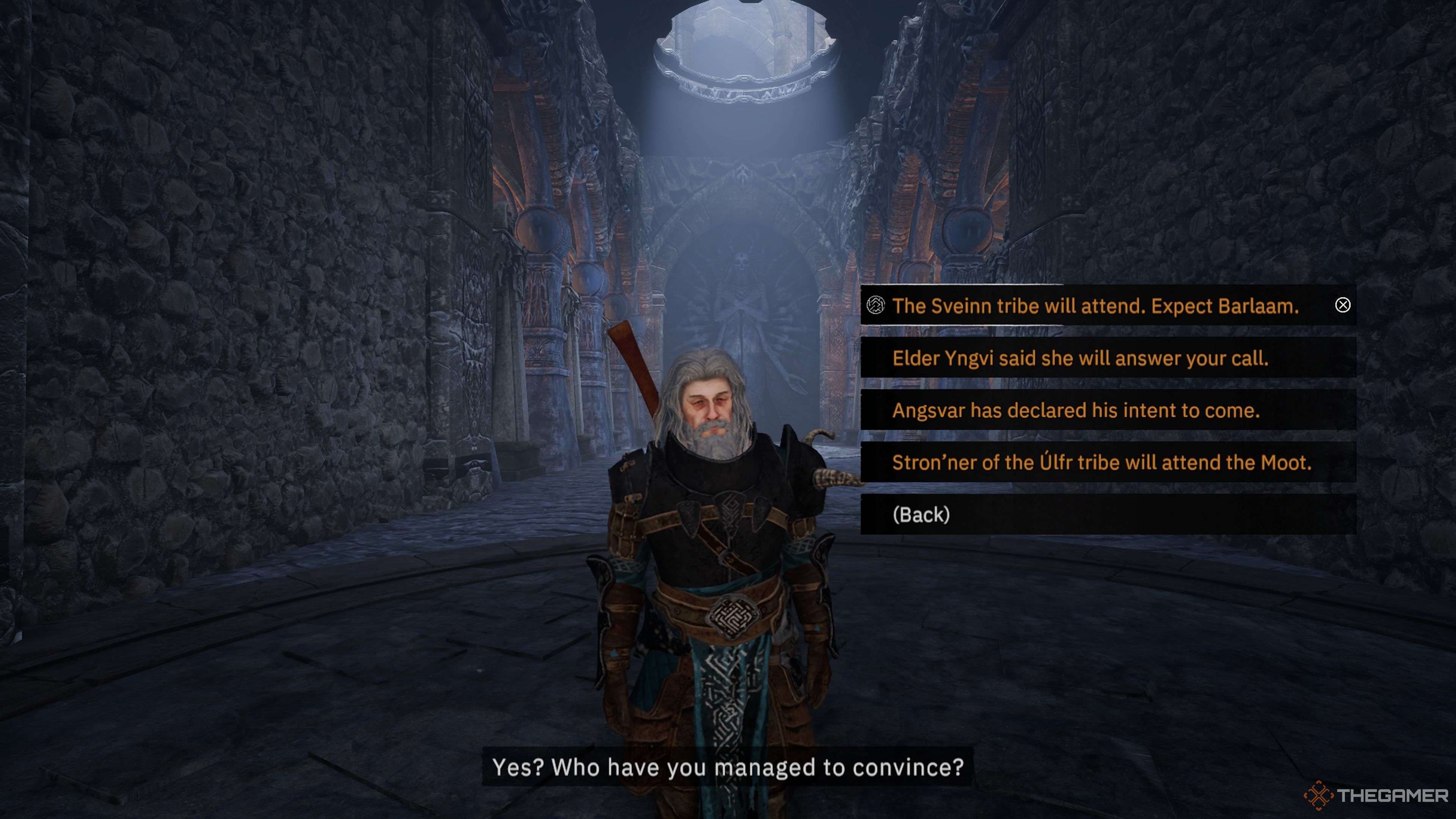 Player character speaking to Gerf'hanr and getting four dialogue options about the tribe decisions in Tainted Grail: The Fall Of Avalon.