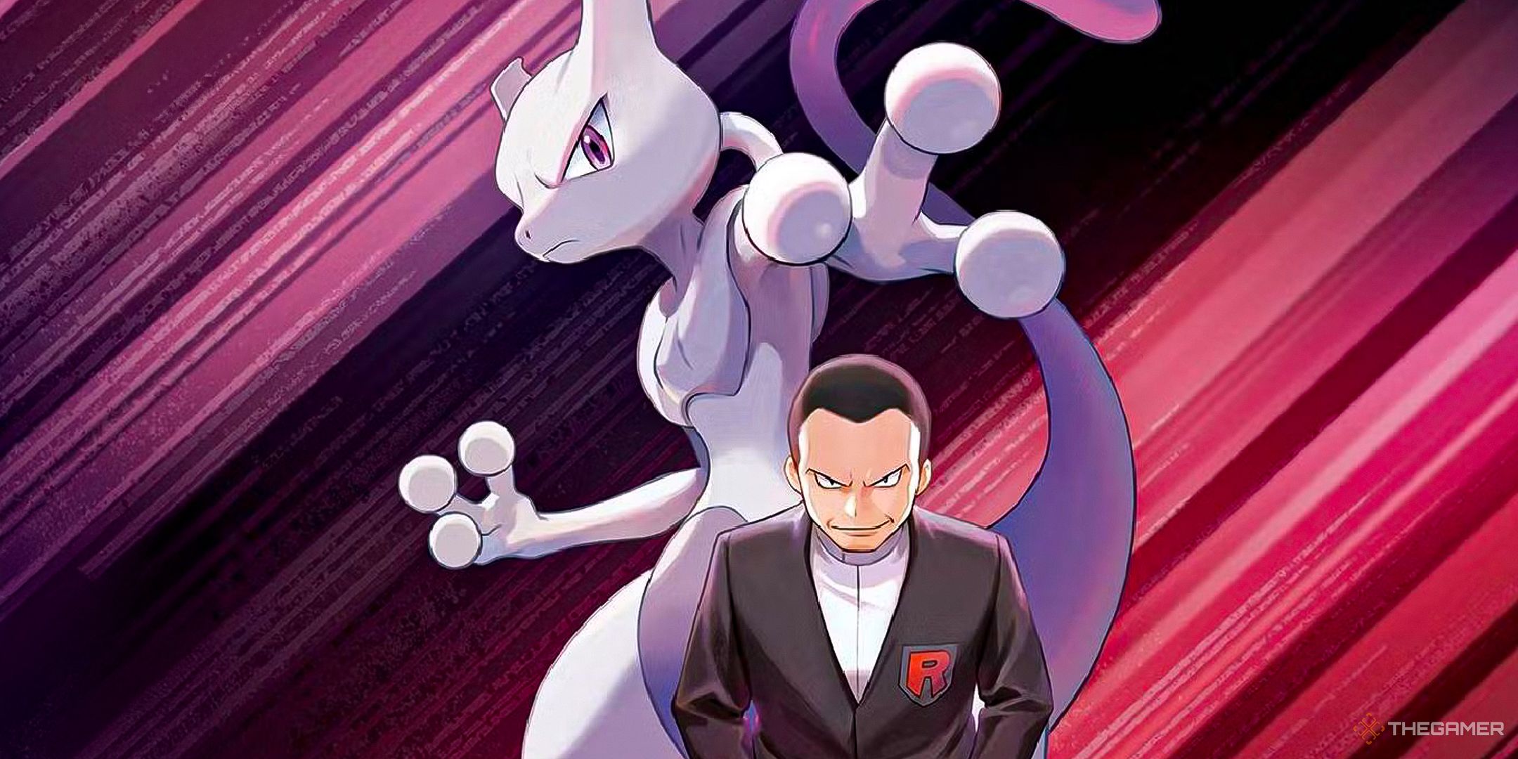 Team Rocket villain and MewTwo standing over a purple and pinkish red background.