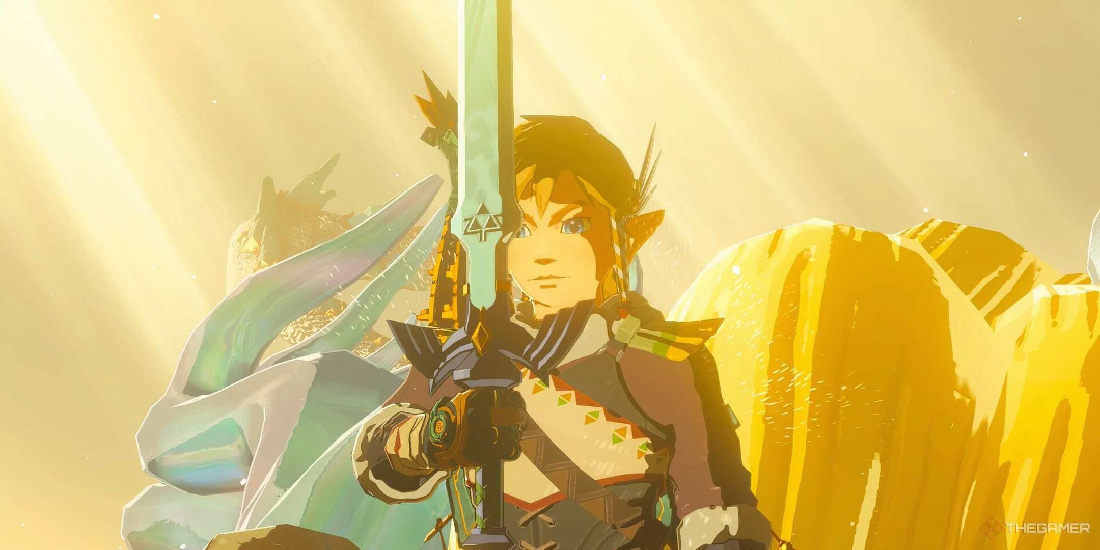 Link holding the Master Sword in The Legend of Zelda: Tears of the Kingdom.