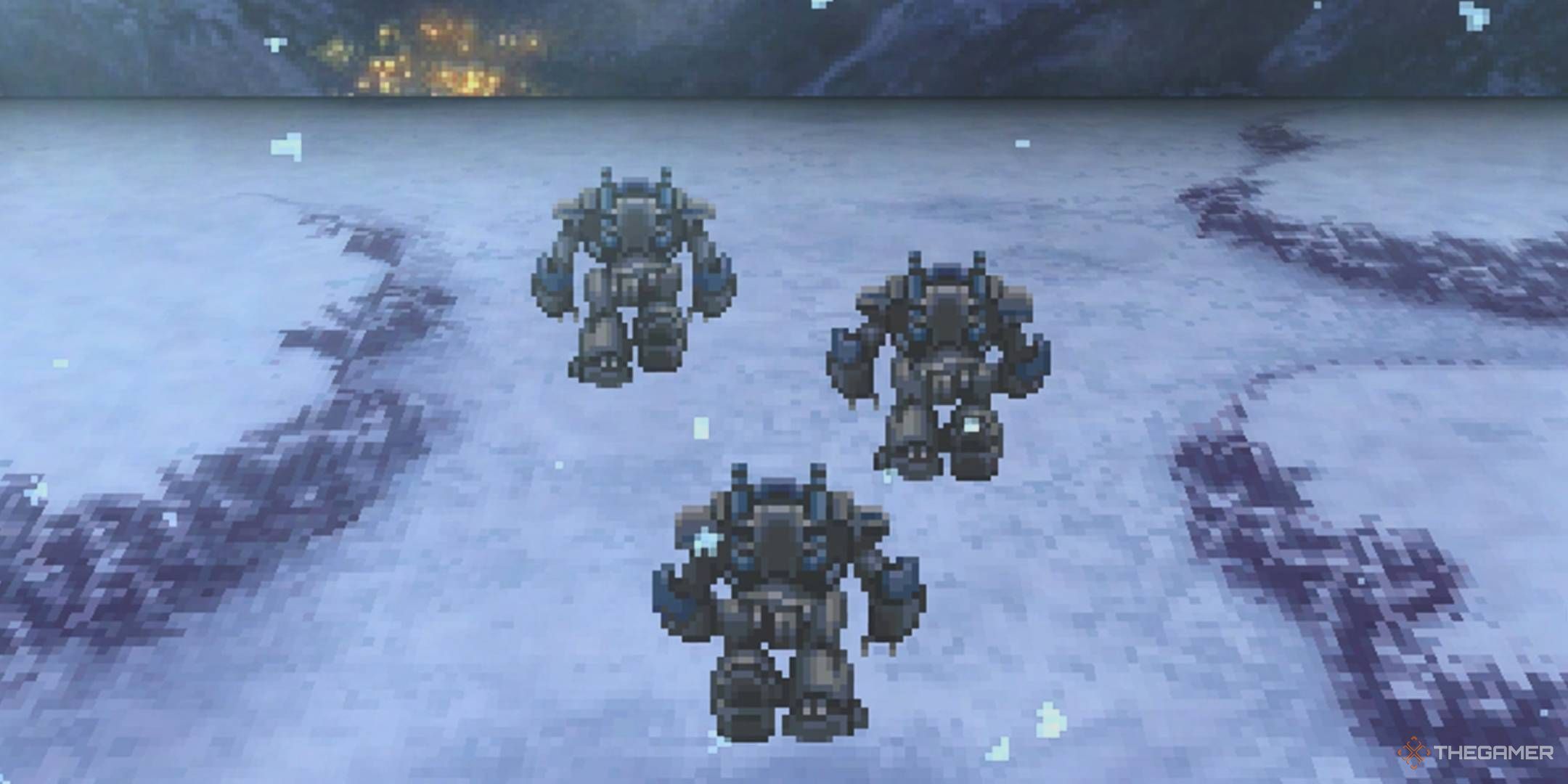 Terra, Biggs, and Wedge marching inside Magitek Armor toward Narshe in Final Fantasy VI.-1