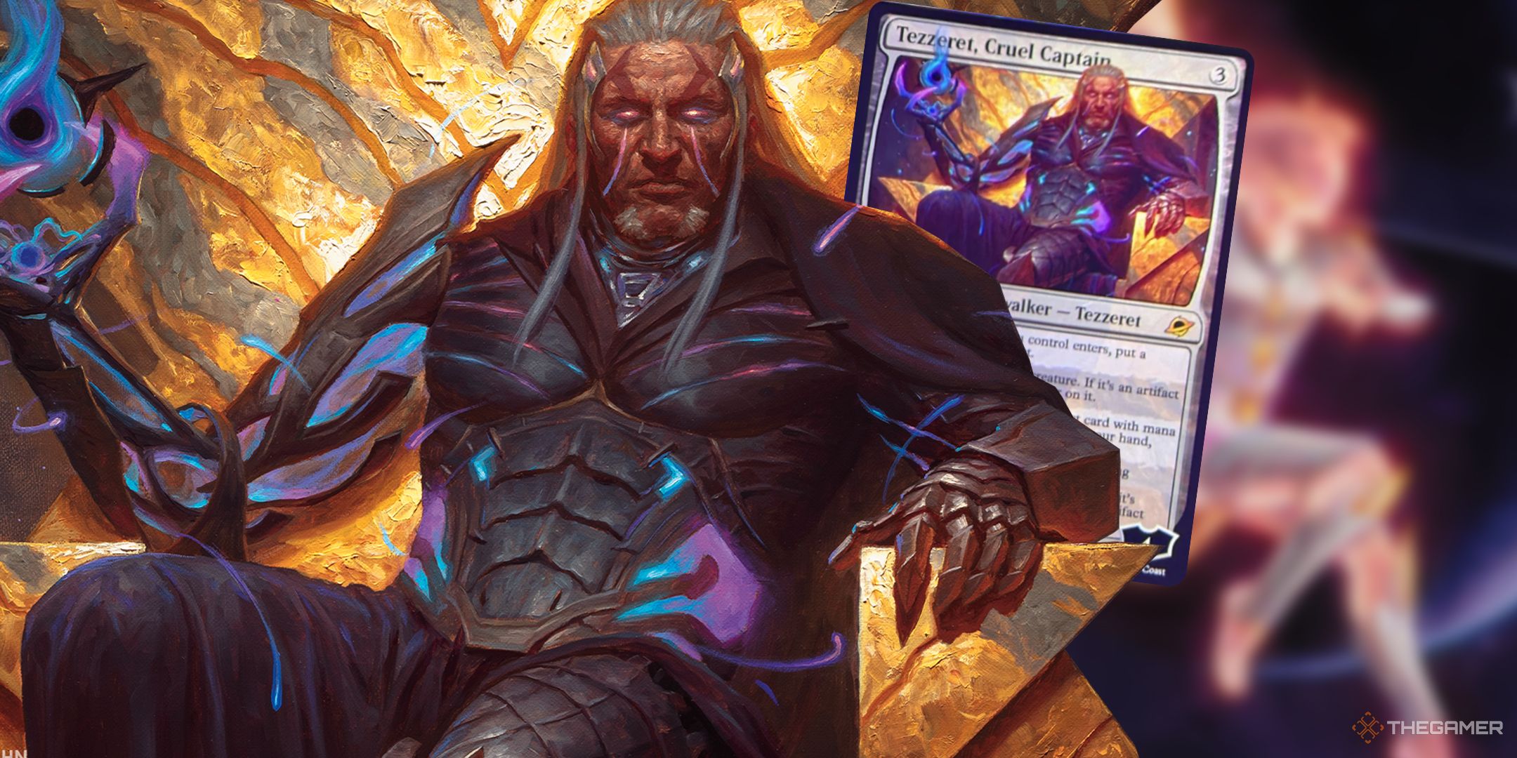 Tezzeret, Cruel Captain in front of the card from MTG.