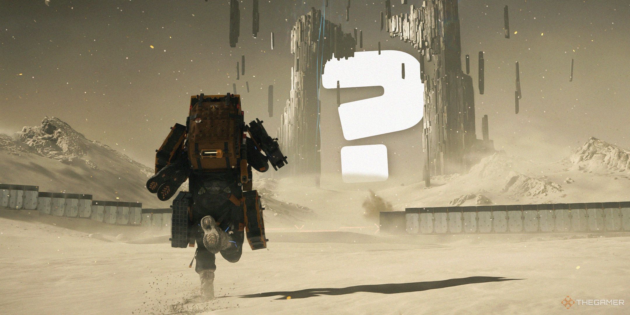 TG Death Stranding 2 Sam running to gate with a big question mark in it.