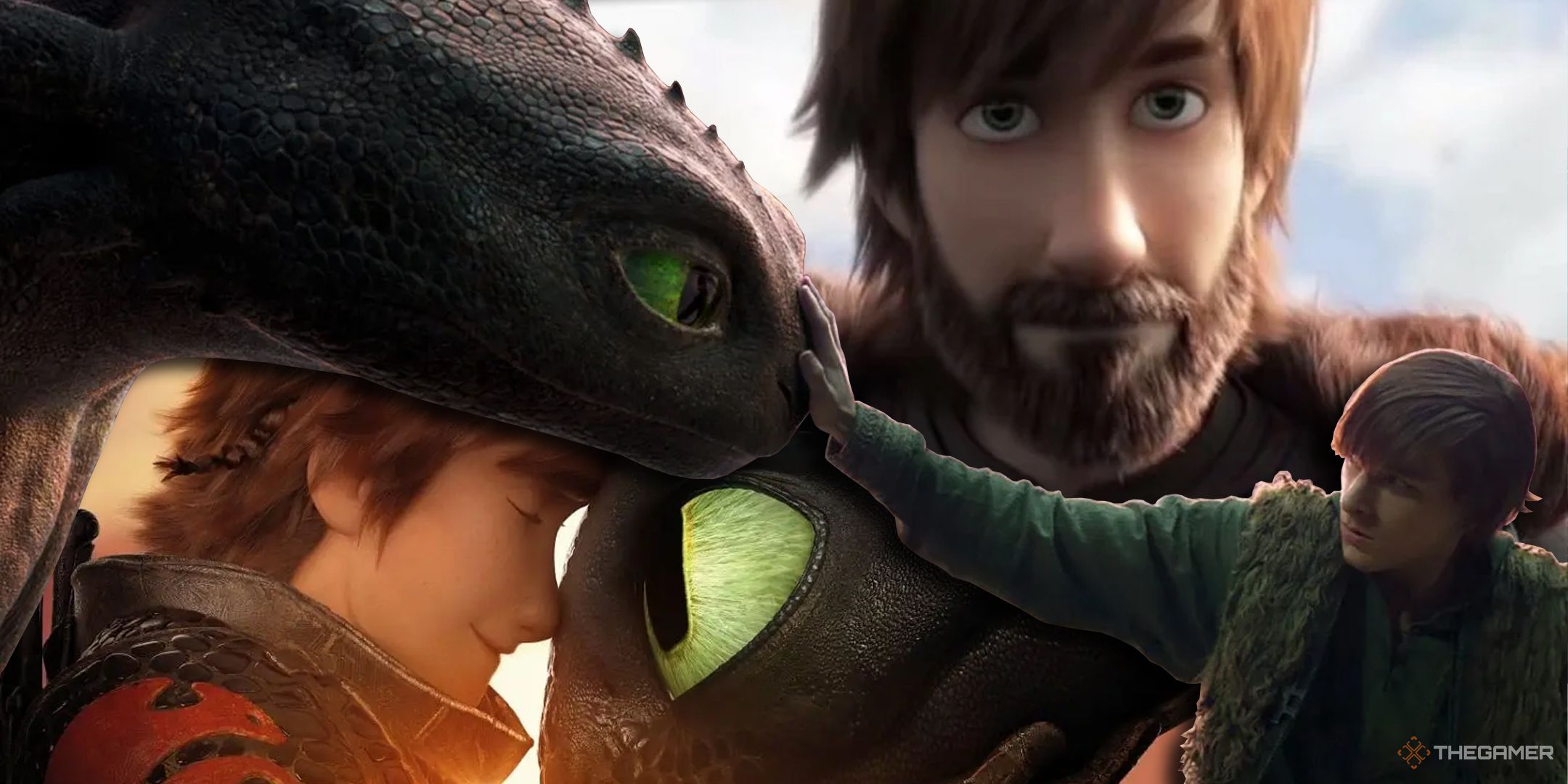 TG HTTYD Live Action Hiccup and Toothless with animated versions in the background.