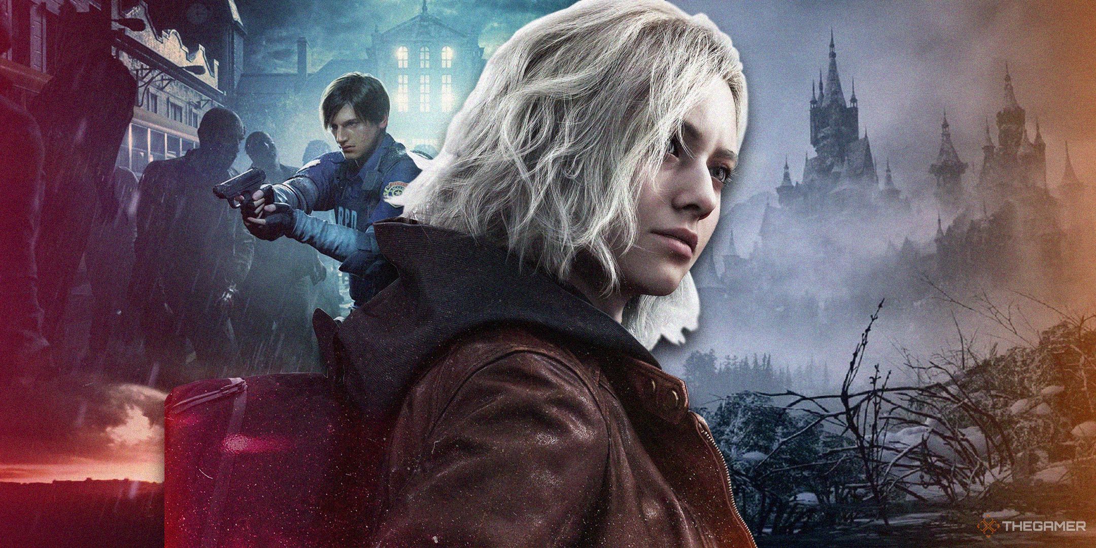TG Resident Evil 9 Requiem protagonist in front of Village castle and Leon Kennedy.