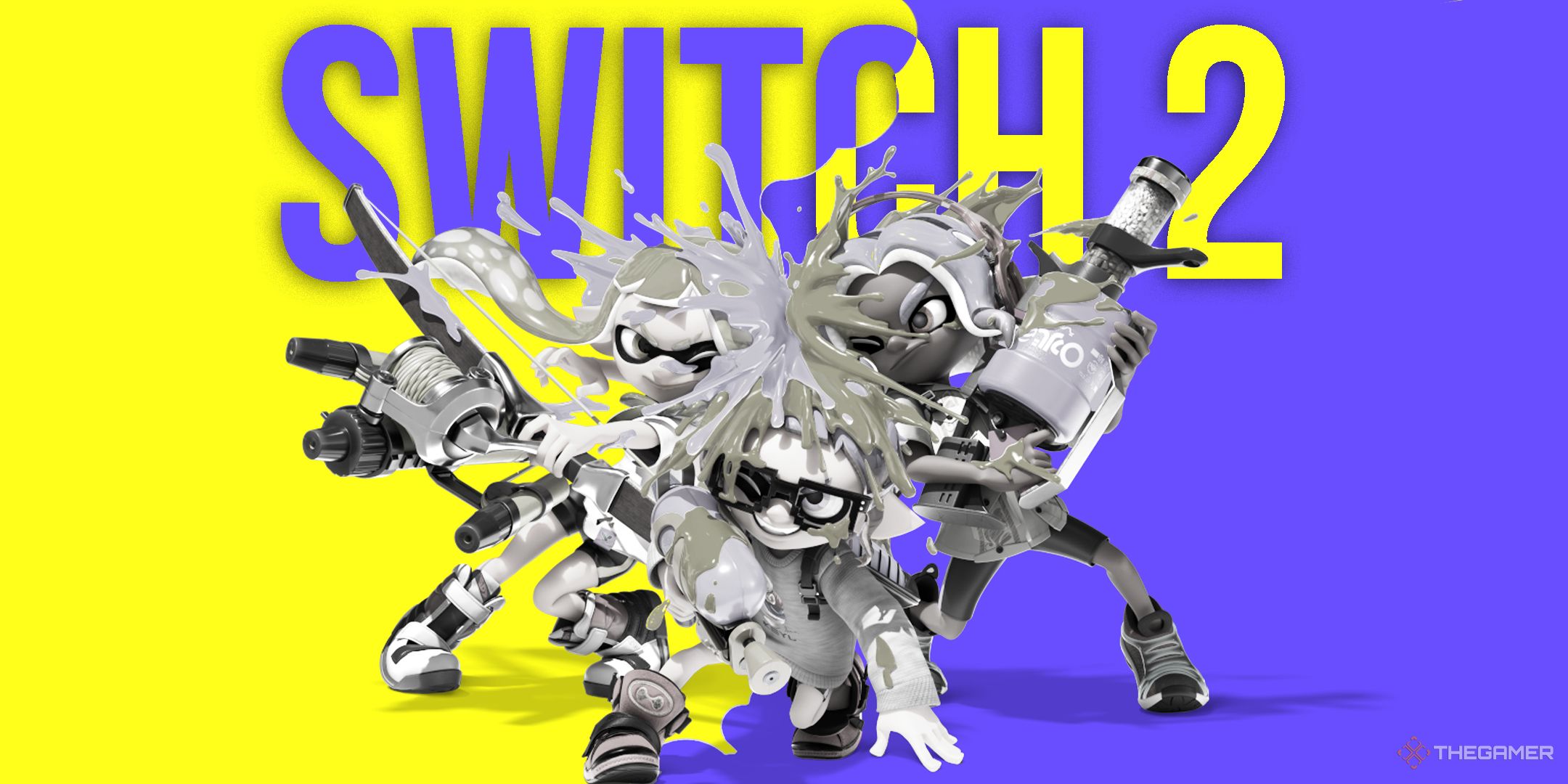 TG Splatoon 3 Switch 2 key art with kids greyed out and Switch 2 written in background.
