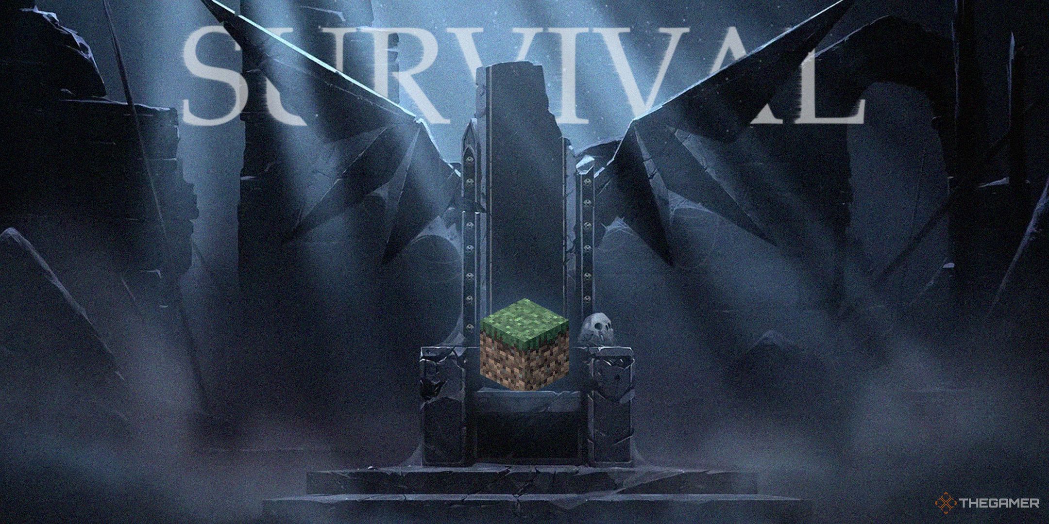 TG V-Rising throne with minecraft block and survival text.