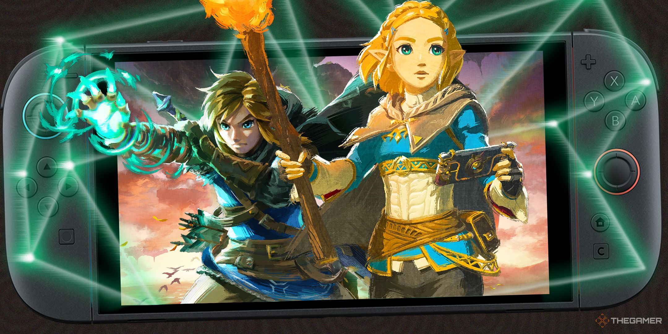 TG Zelda Tears Of The Kingdom Link and Zelda on a Switch 2.