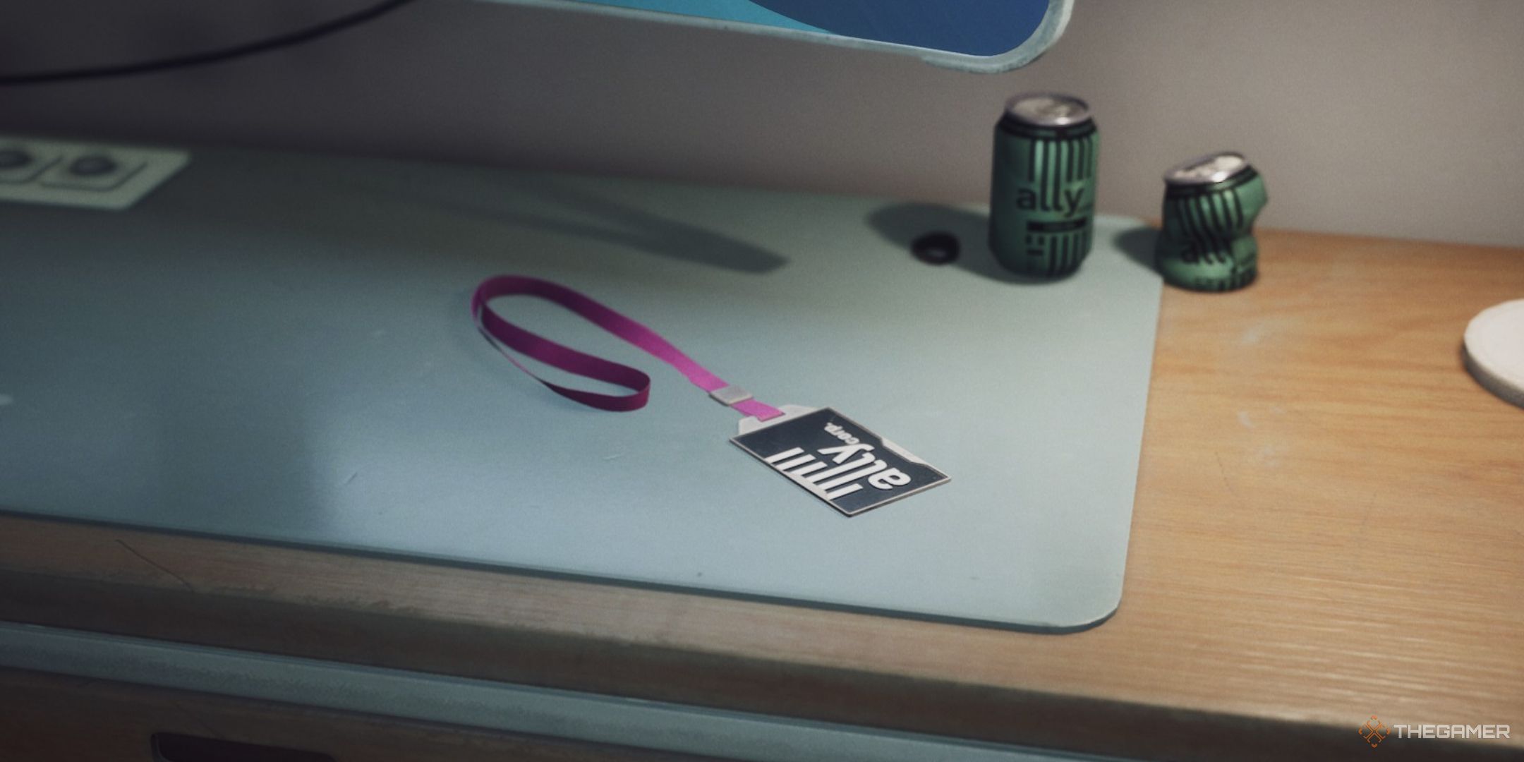 jan dolski's ally corp id badge sitting on a desk in the alters.