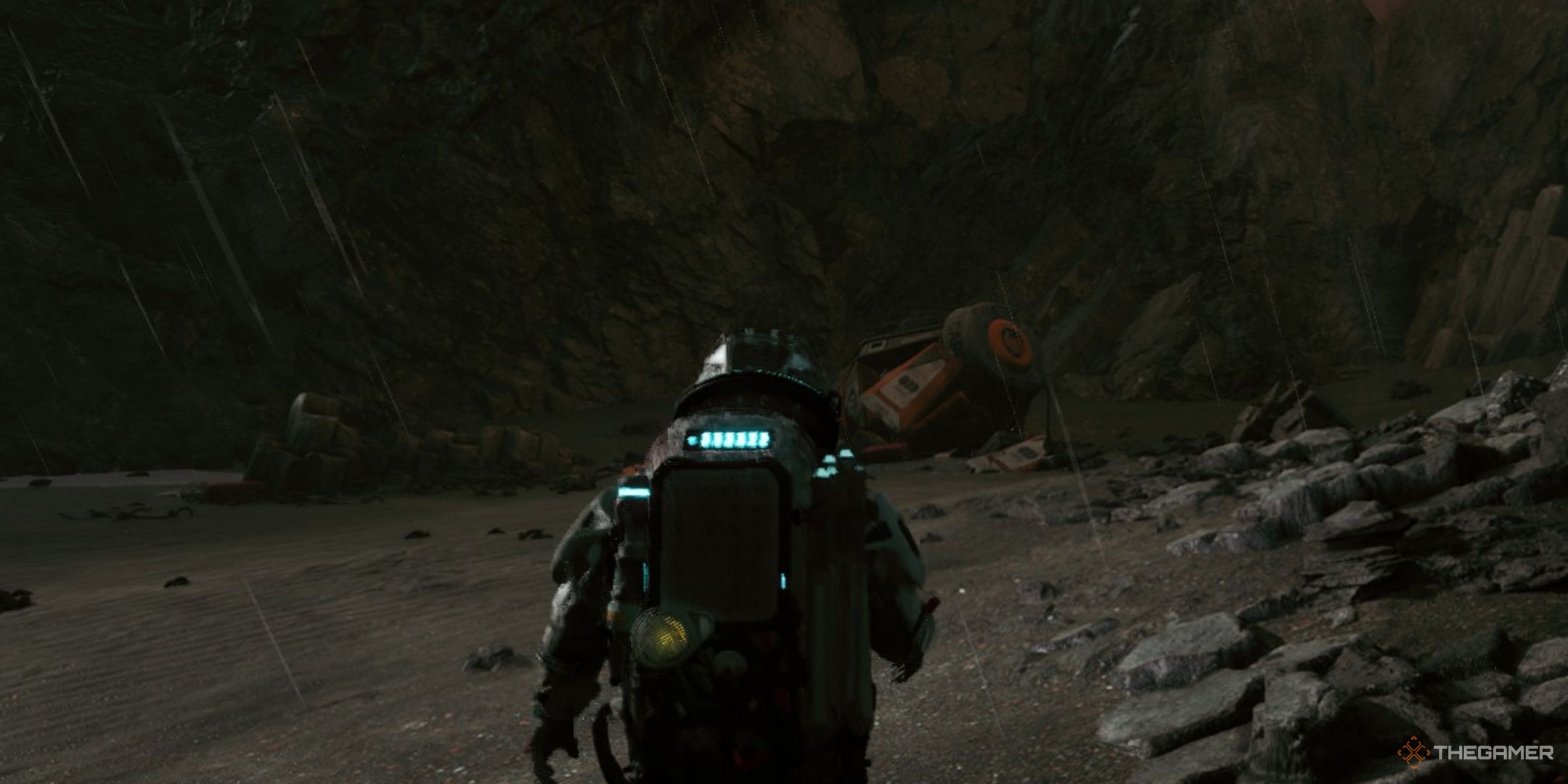 Jan approaches a lost cargo pod in the rainy prologue area of The Alters.