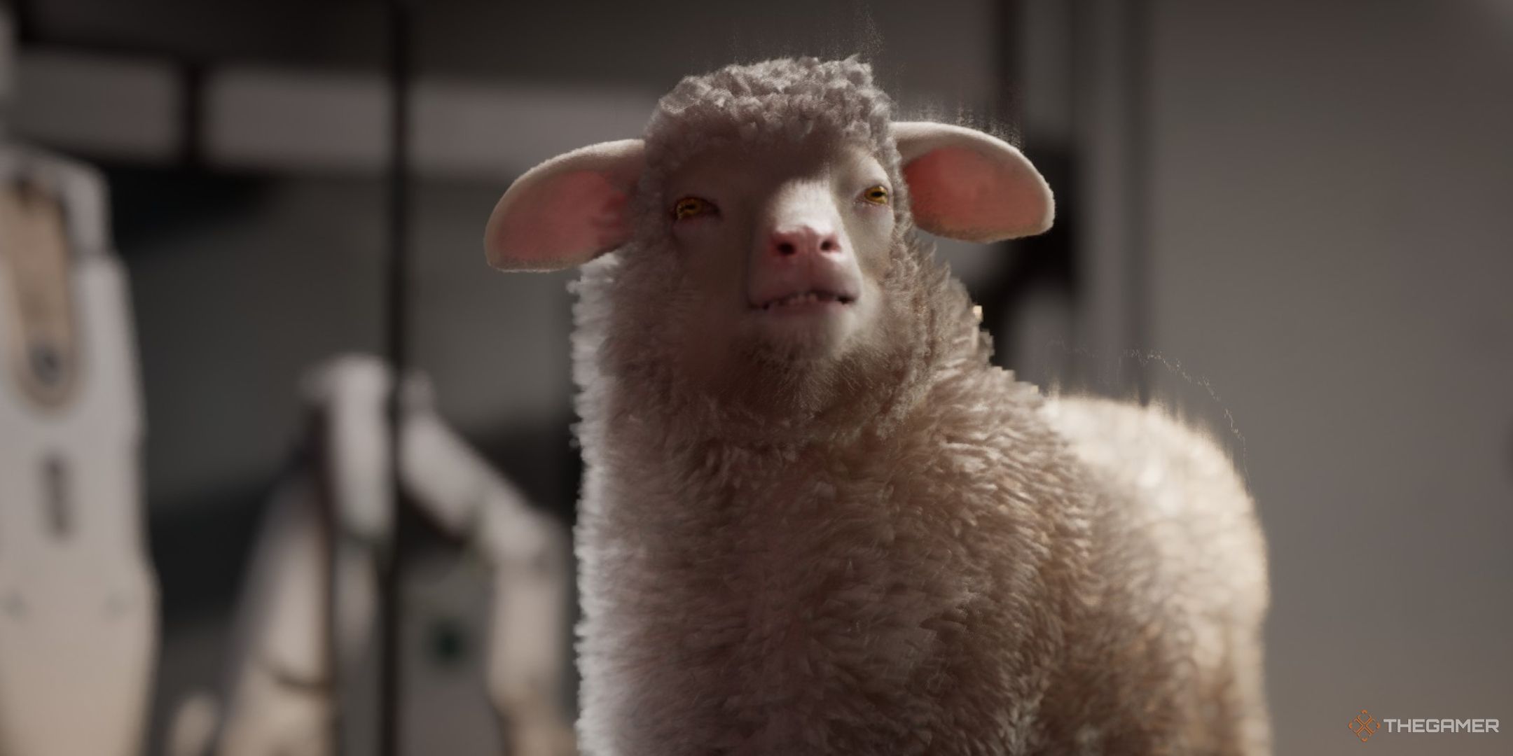 Molly the sheep emerges from the womb module in The Alters.