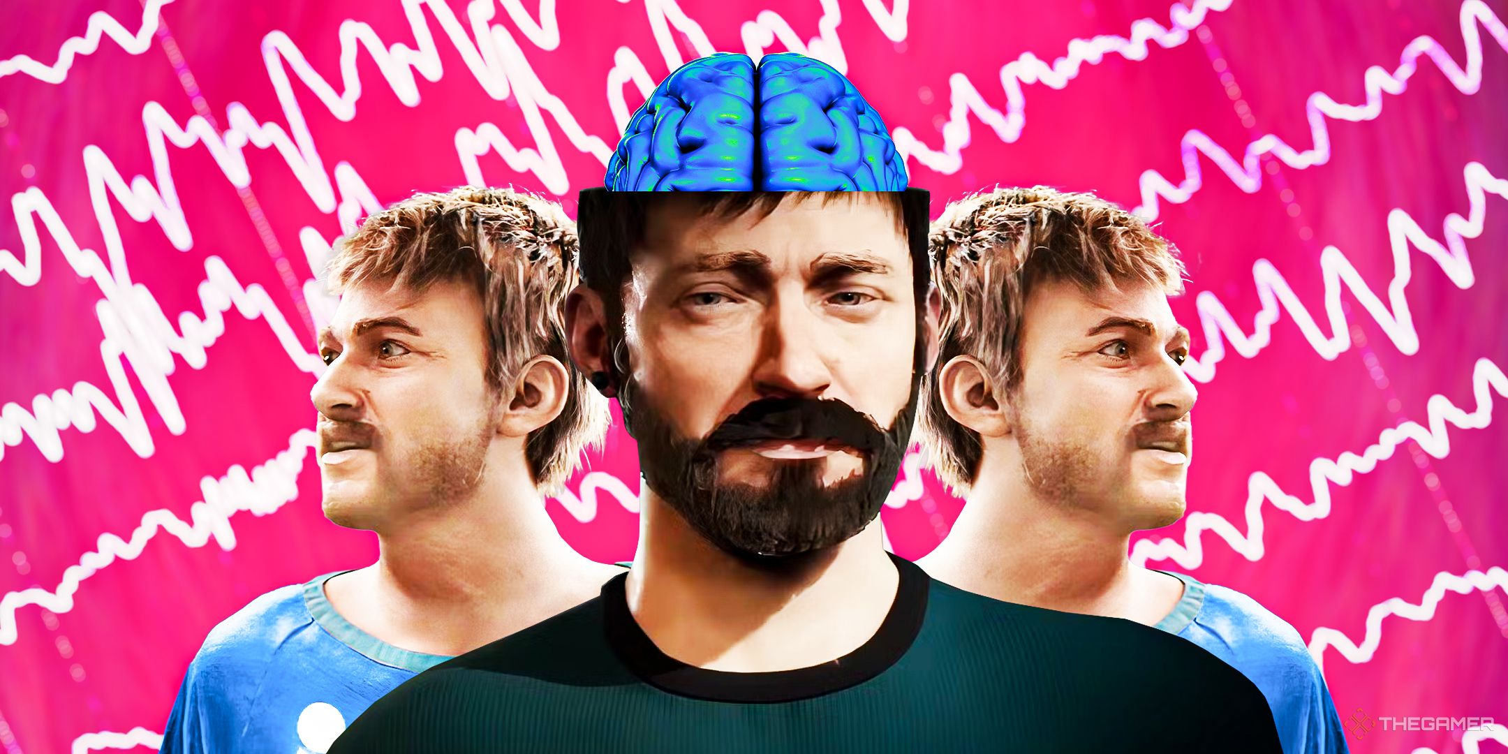 Three versions of Jan Dolski from The Alters with a funky background.