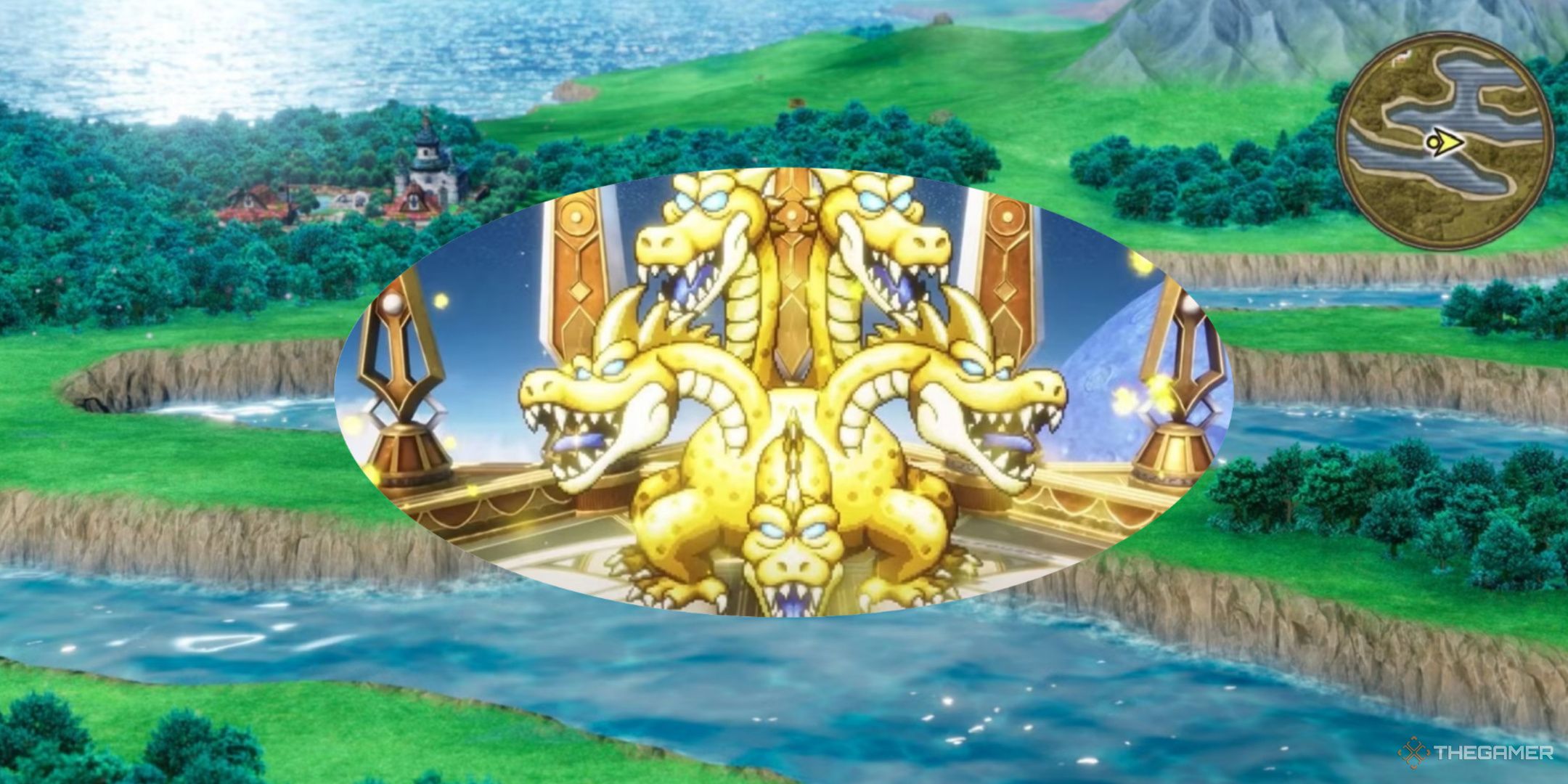 The background of a land in Dragon Quest 1 and 2 HD remaster with a golden hydra at the center of another DQ.