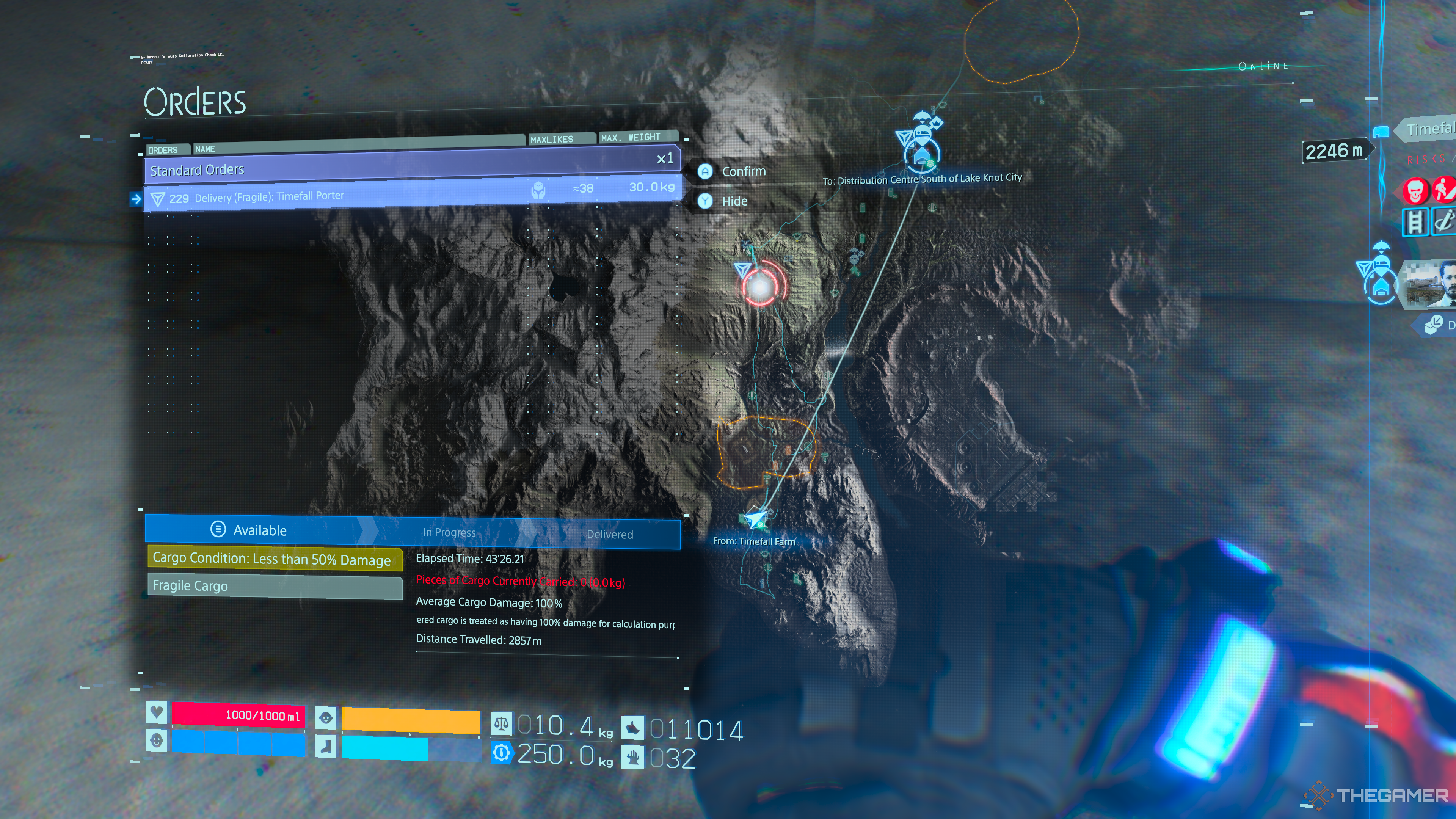 The Death Stranding map with a straight line across it