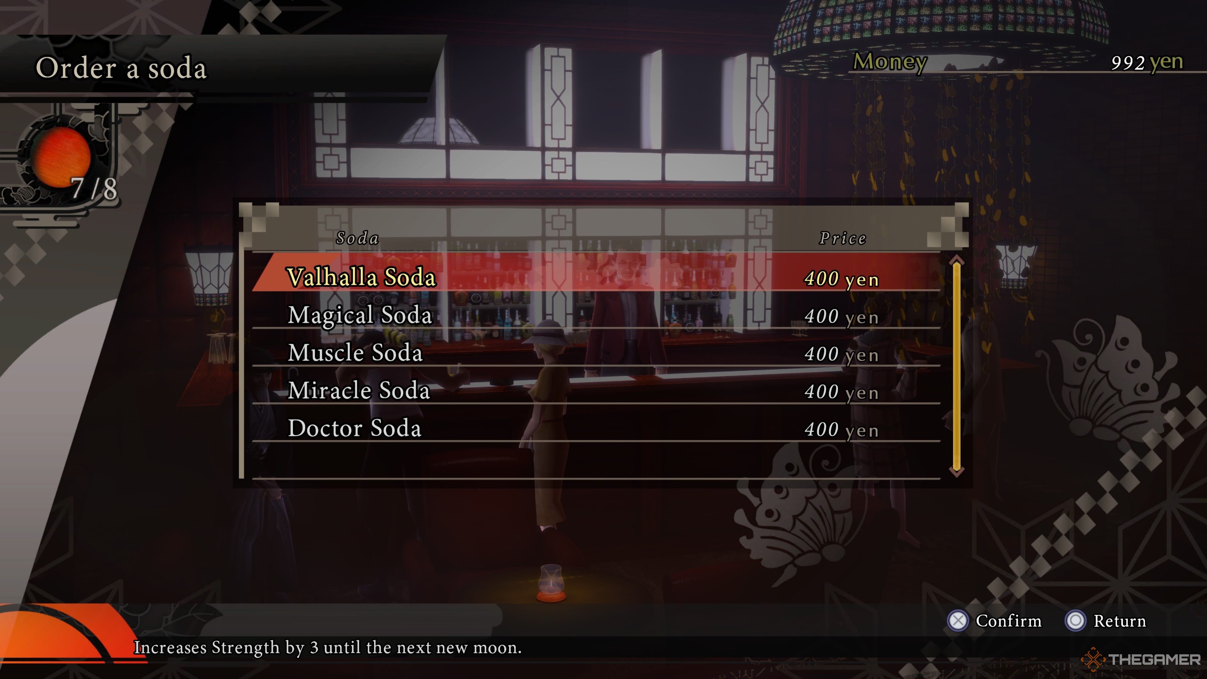 The first menu of sodas at Shin-Sekai in Raidou Remastered The Mystery of the Soulless Army.