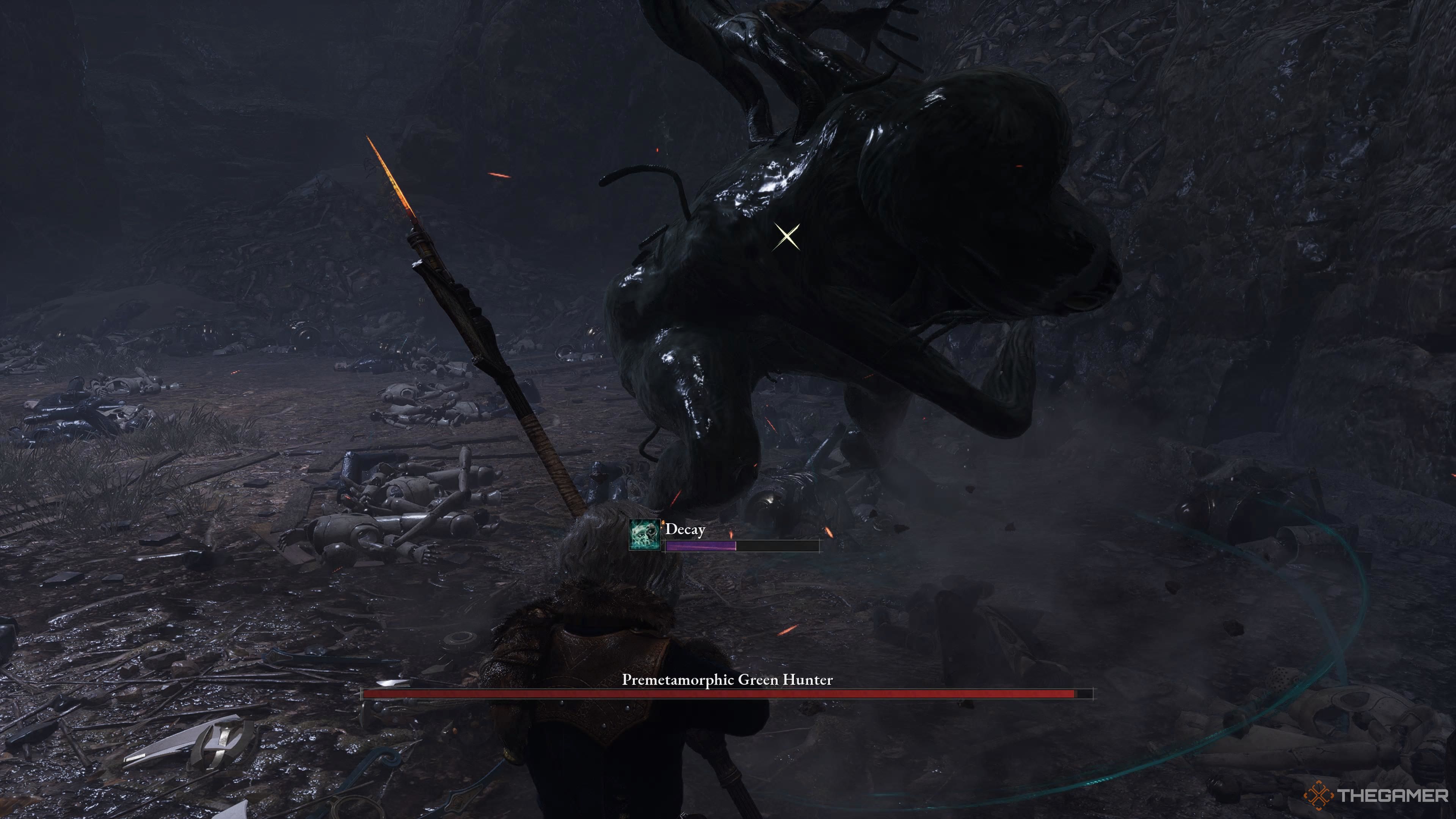 The Green Hunter swiping at P in the Lies Of P Overture.