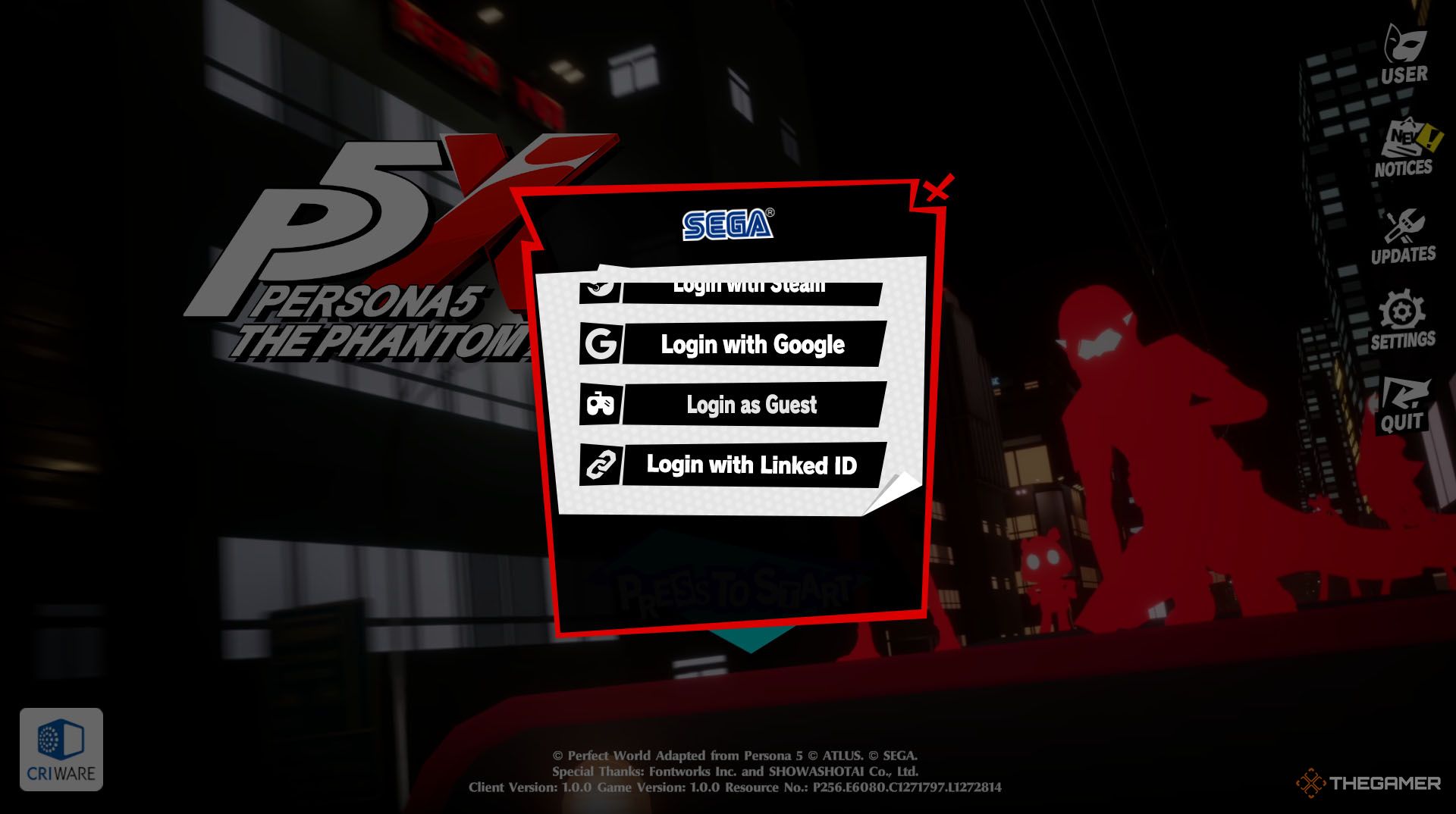 The login screen for Persona 5 The Phantom X.