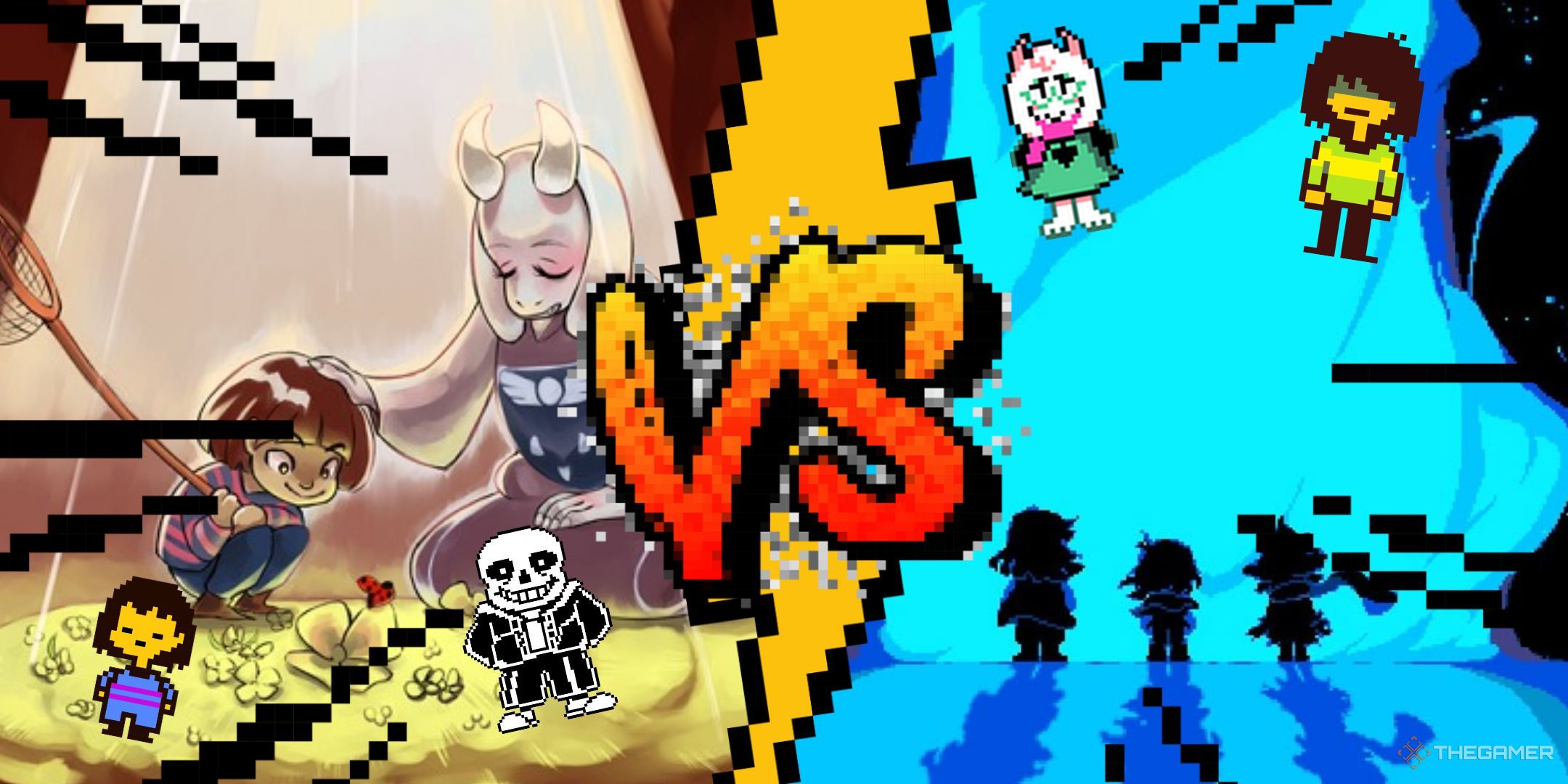 The main key art for Undertale with Sans and Frisk's sprites alongside the main key art for Deltarune with Ralsei and Kris' sprites with a big VS in the middle.