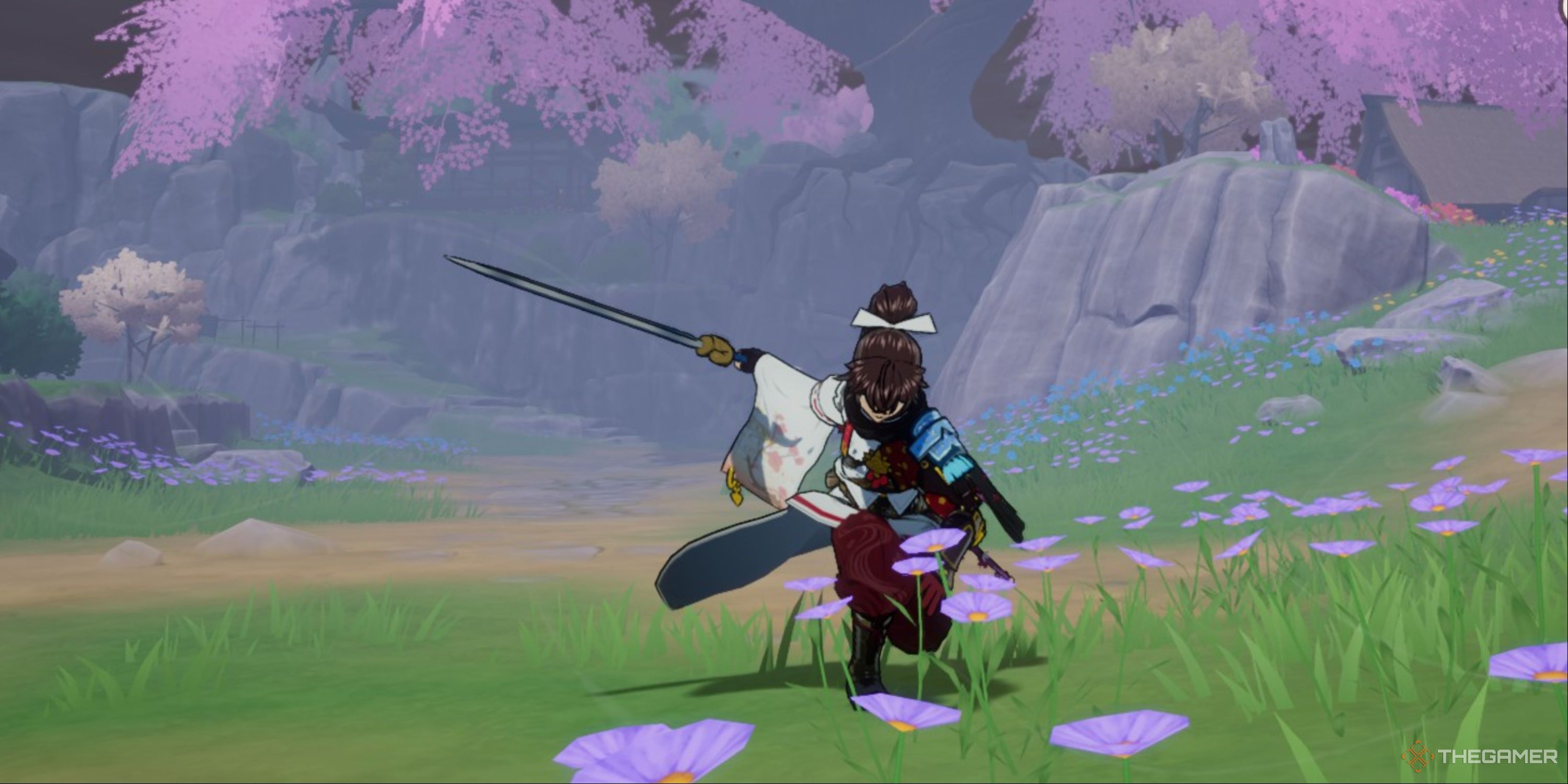 The male protagonist of Rune Factory Guardians of Azuma holding a Steel sword.