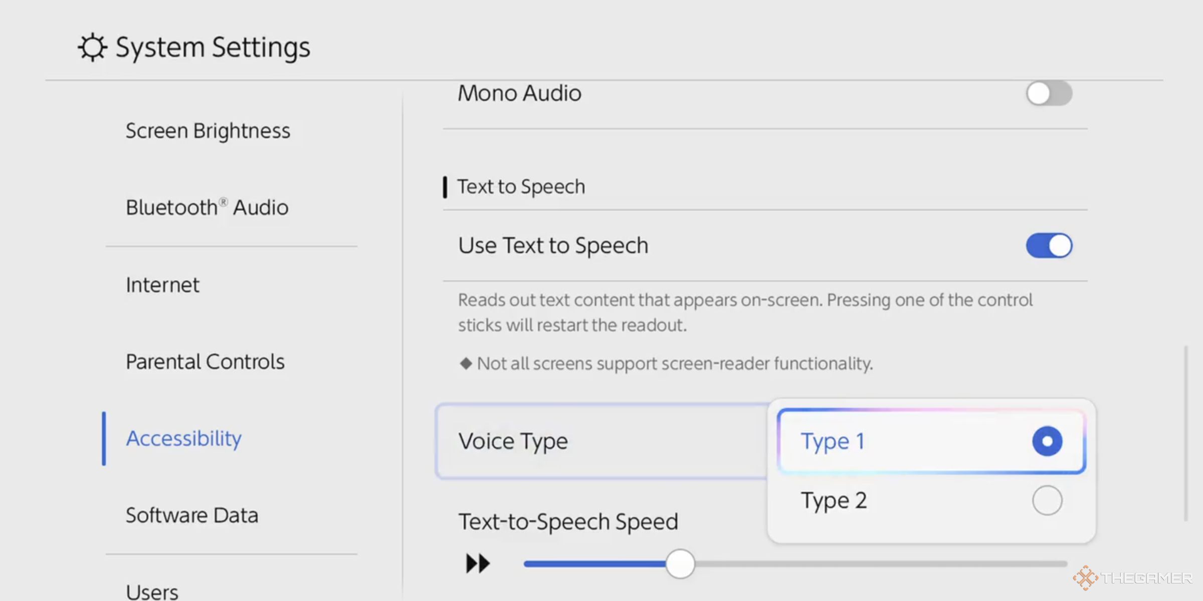 The Nintendo Switch 2 Accessablity Settings highlighting over the Text-To-Speech options showing the two Types of voices avaliable.